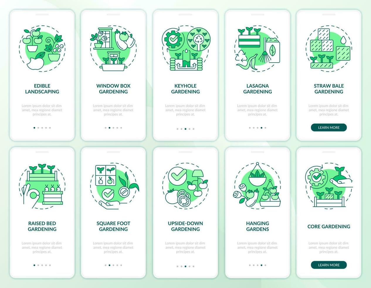 Gardening methods green onboarding mobile app screen set. Planting walkthrough 5 steps editable graphic instructions with linear concepts. UI, UX, GUI template vector