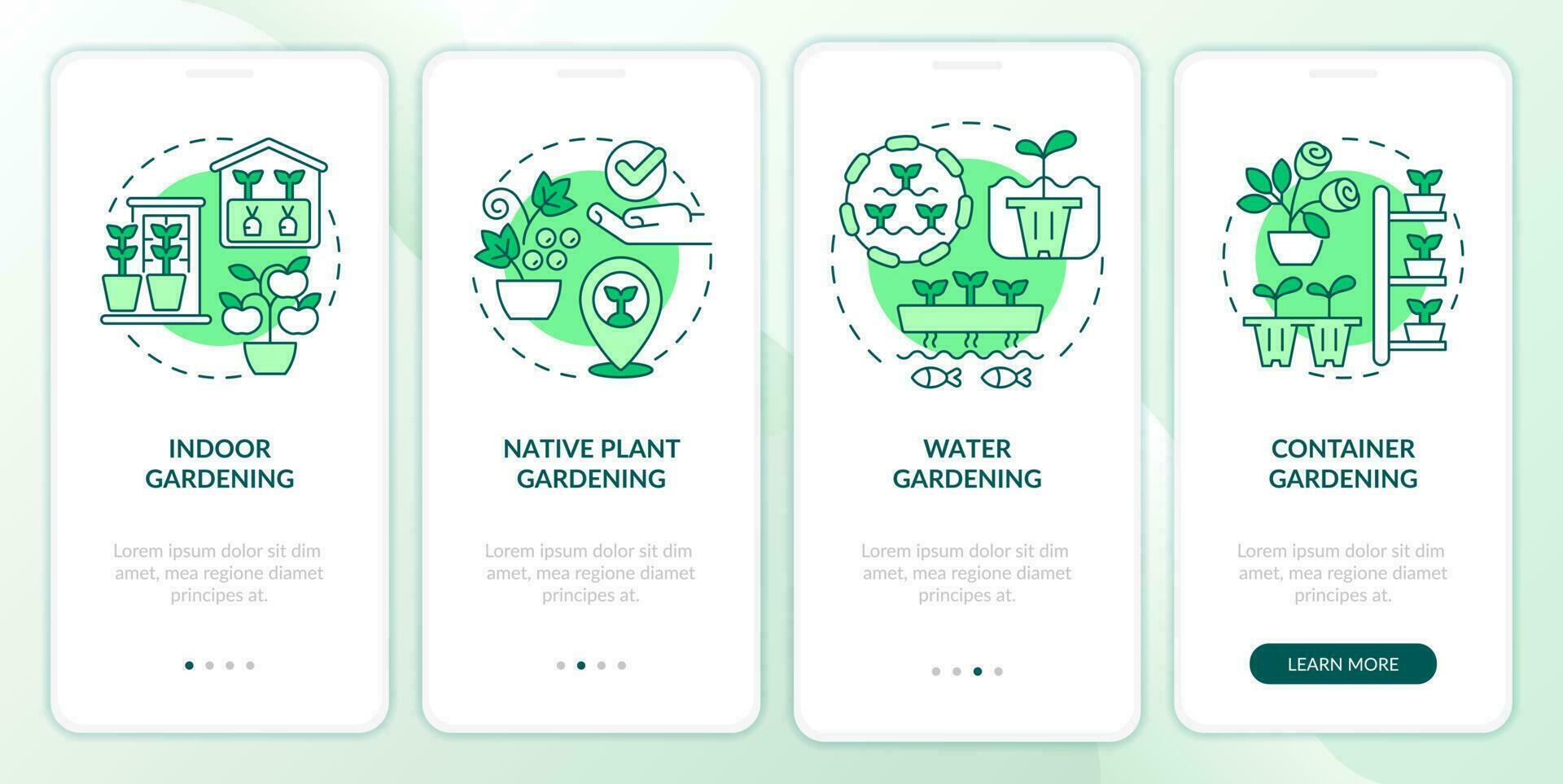 Gardening types green onboarding mobile app screen. Planting walkthrough 4 steps editable graphic instructions with linear concepts. UI, UX, GUI template vector