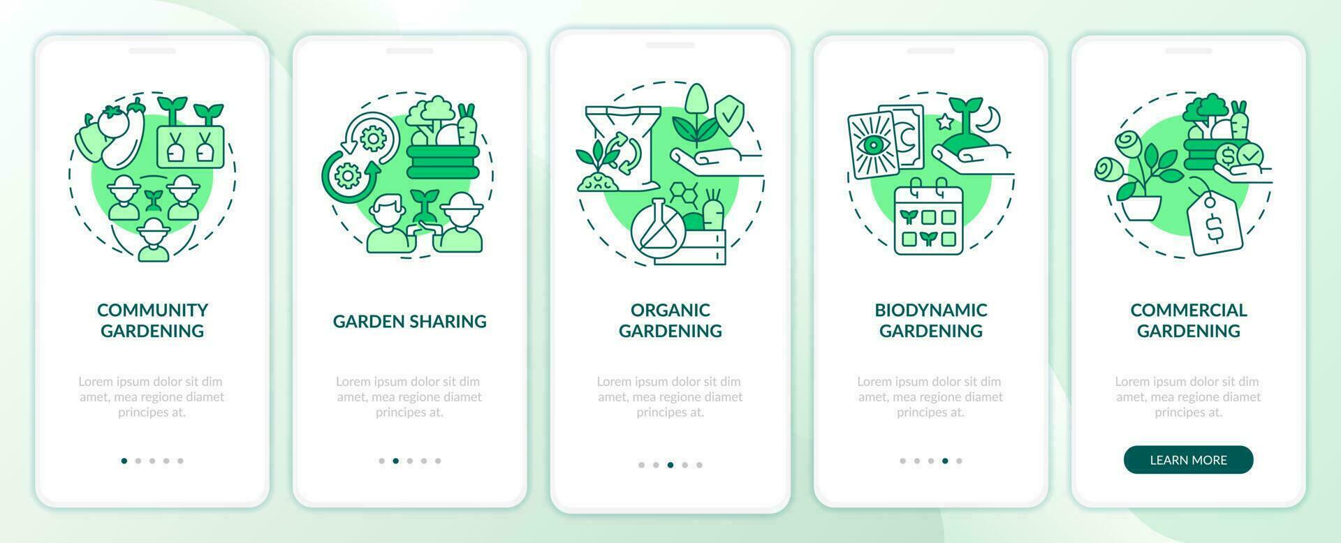 Types of gardening green onboarding mobile app screen. Horticulture walkthrough 5 steps editable graphic instructions with linear concepts. UI, UX, GUI template vector