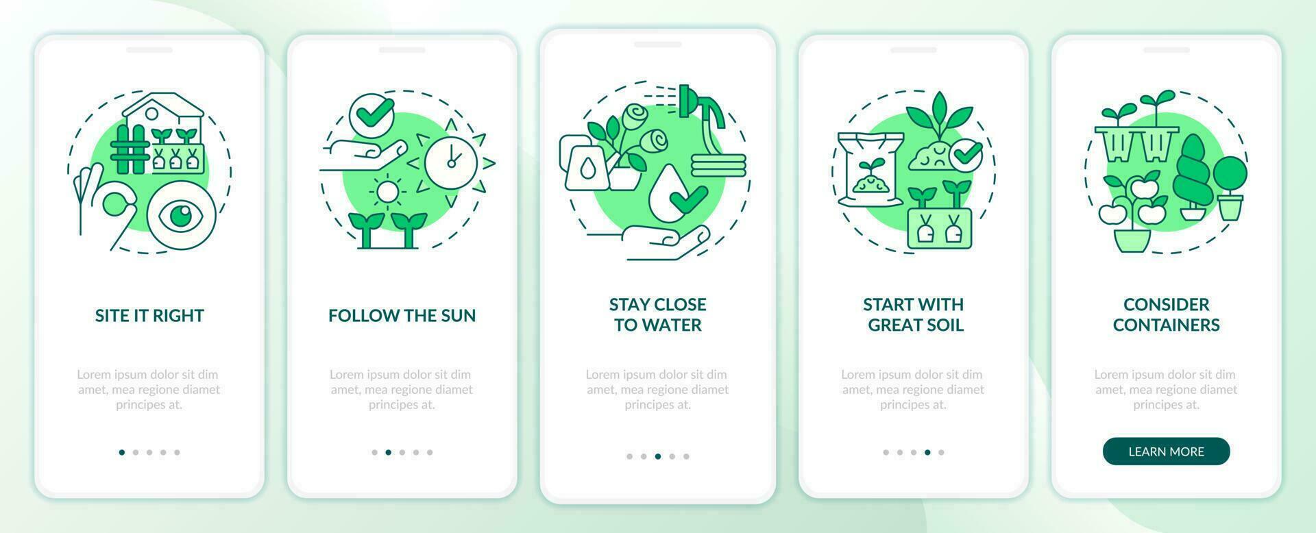 Gardening tips green onboarding mobile app screen. Successful planting walkthrough 5 steps editable graphic instructions with linear concepts. UI, UX, GUI template vector