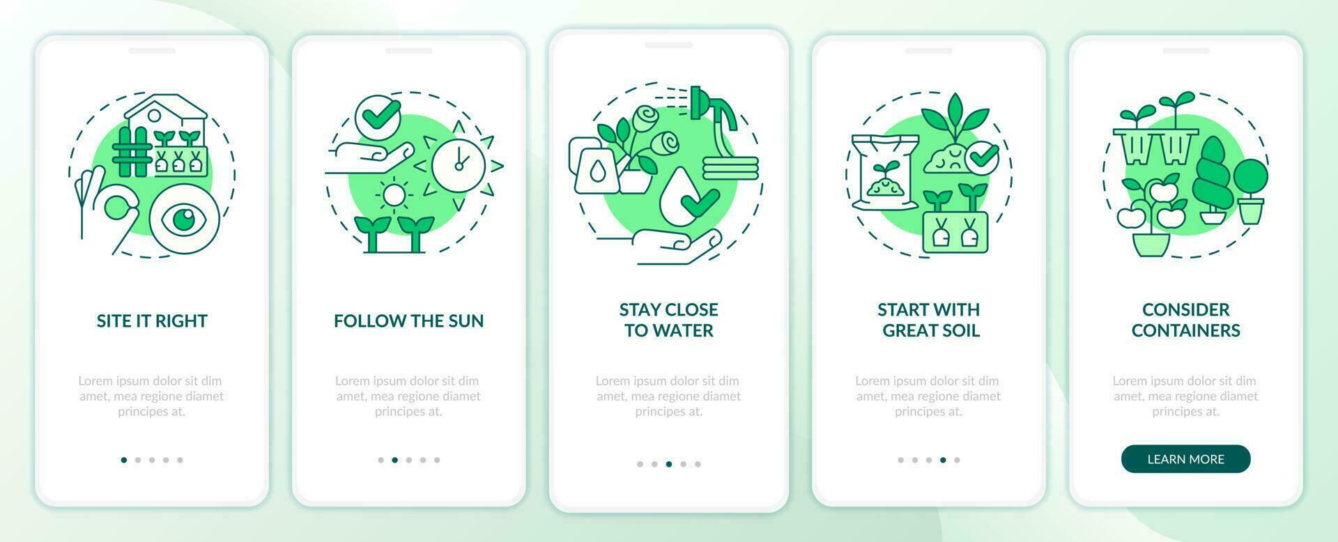 jardinería consejos verde inducción móvil aplicación pantalla. exitoso plantando recorrido 5 5 pasos editable gráfico instrucciones con lineal conceptos. ui, ux, gui modelo vector