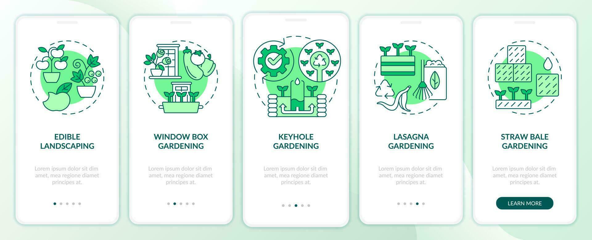 Ideas for gardeners green onboarding mobile app screen. Vegetation walkthrough 5 steps editable graphic instructions with linear concepts. UI, UX, GUI template vector
