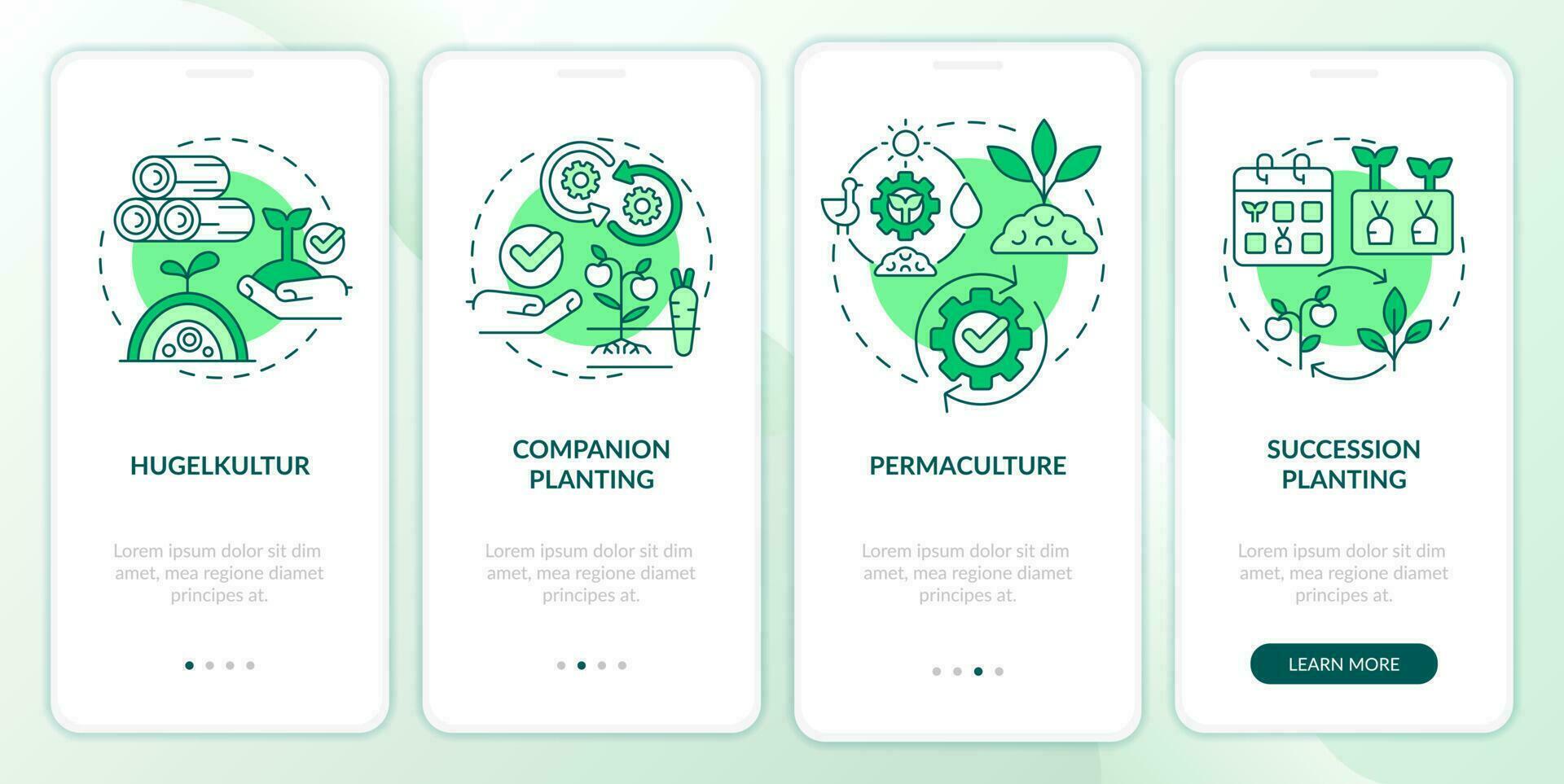 Methods of gardening green onboarding mobile app screen. Planting walkthrough 4 steps editable graphic instructions with linear concepts. UI, UX, GUI template vector