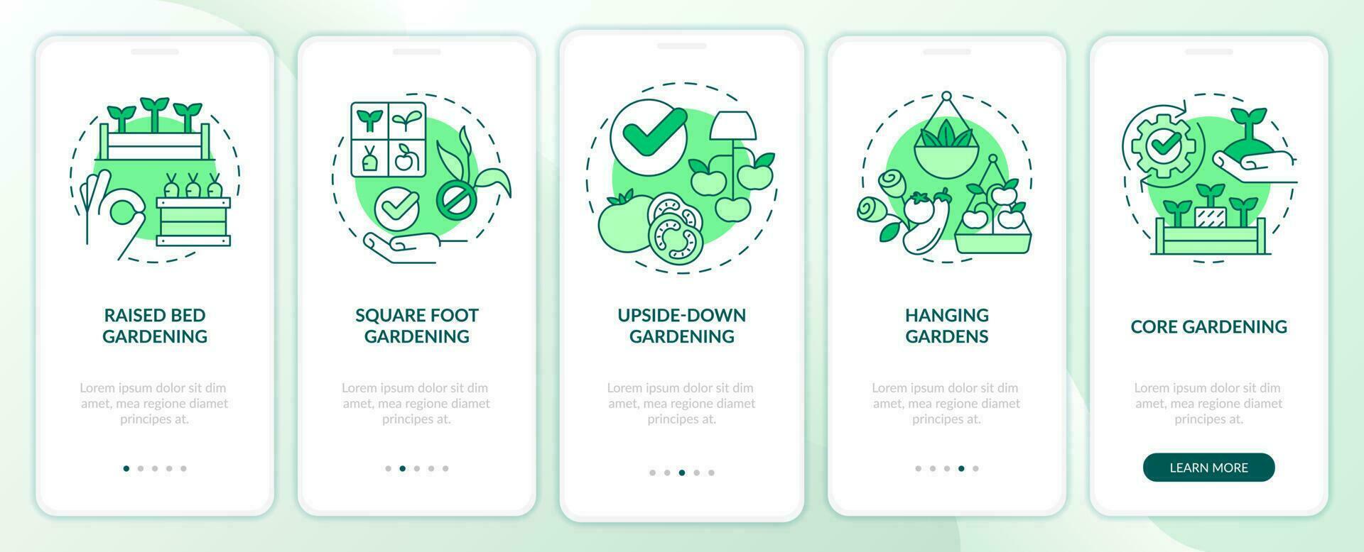 Effective gardening green onboarding mobile app screen. Plant care walkthrough 5 steps editable graphic instructions with linear concepts. UI, UX, GUI template vector