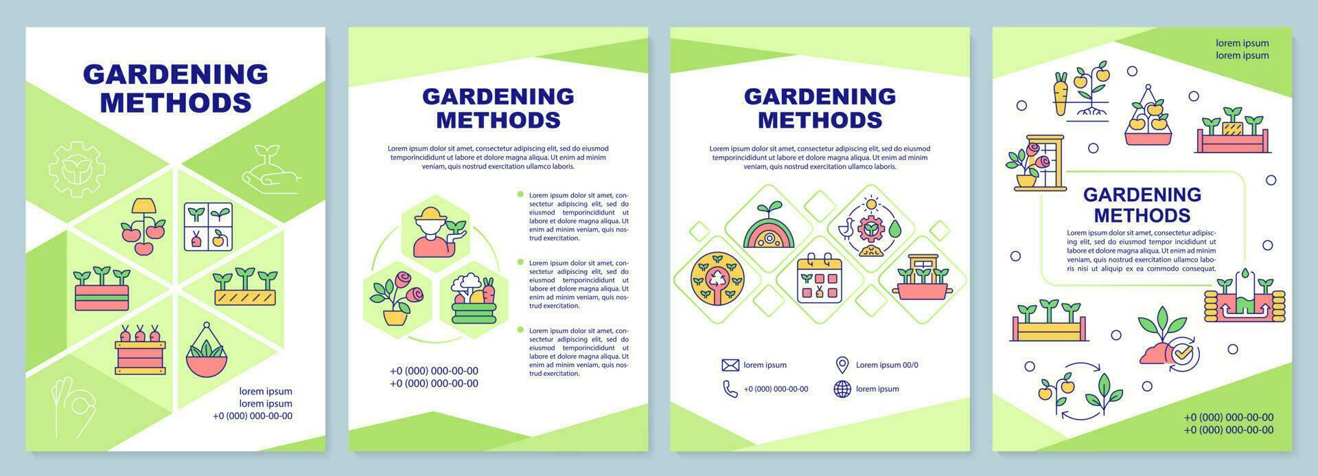 Gardening methods green brochure template. Planting innovation. Leaflet design with linear icons. Editable 4 vector layouts for presentation, annual reports