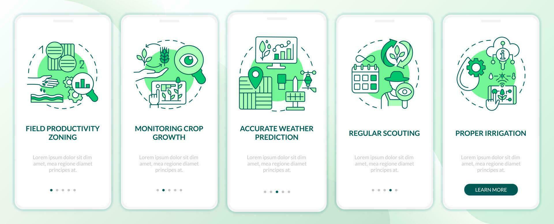 Increased crop yield factors green onboarding mobile app screen. Walkthrough 5 steps editable graphic instructions with linear concepts. UI, UX, GUI template vector