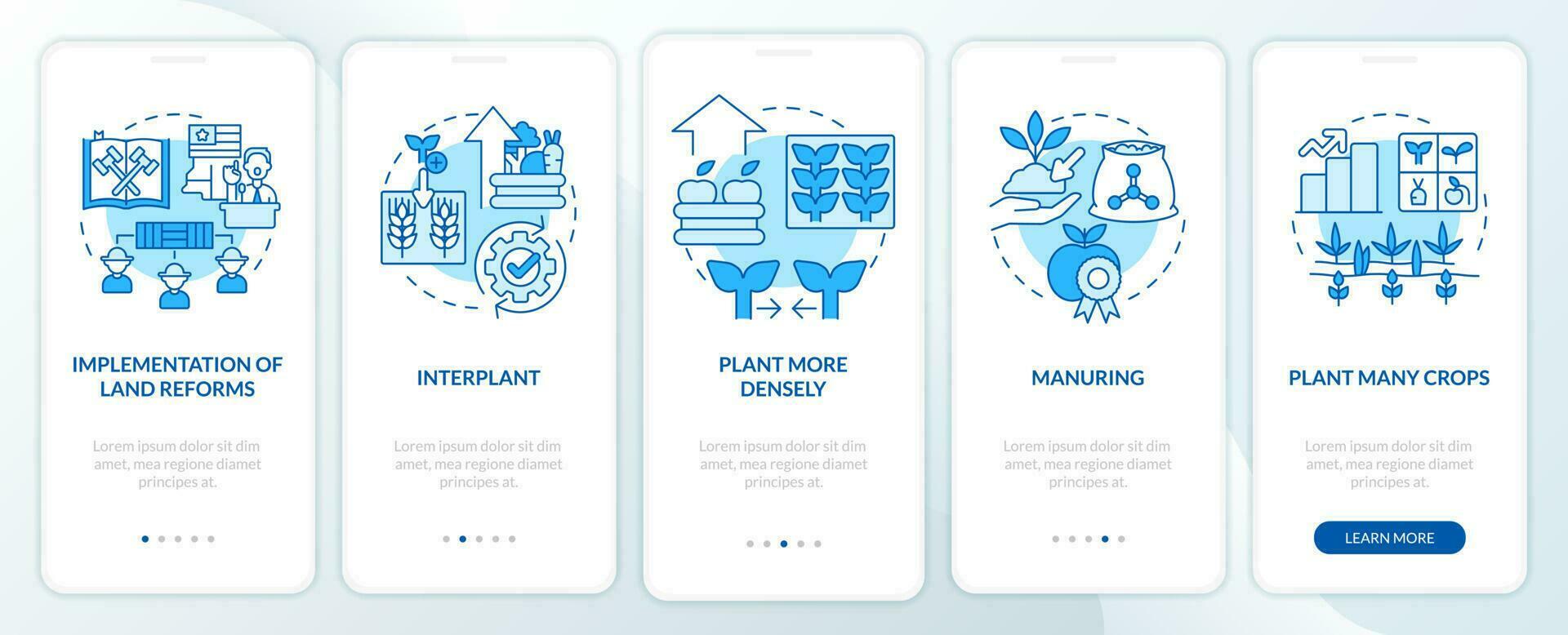 Increasing farming productivity blue onboarding mobile app screen. Walkthrough 5 steps editable graphic instructions with linear concepts. UI, UX, GUI template vector