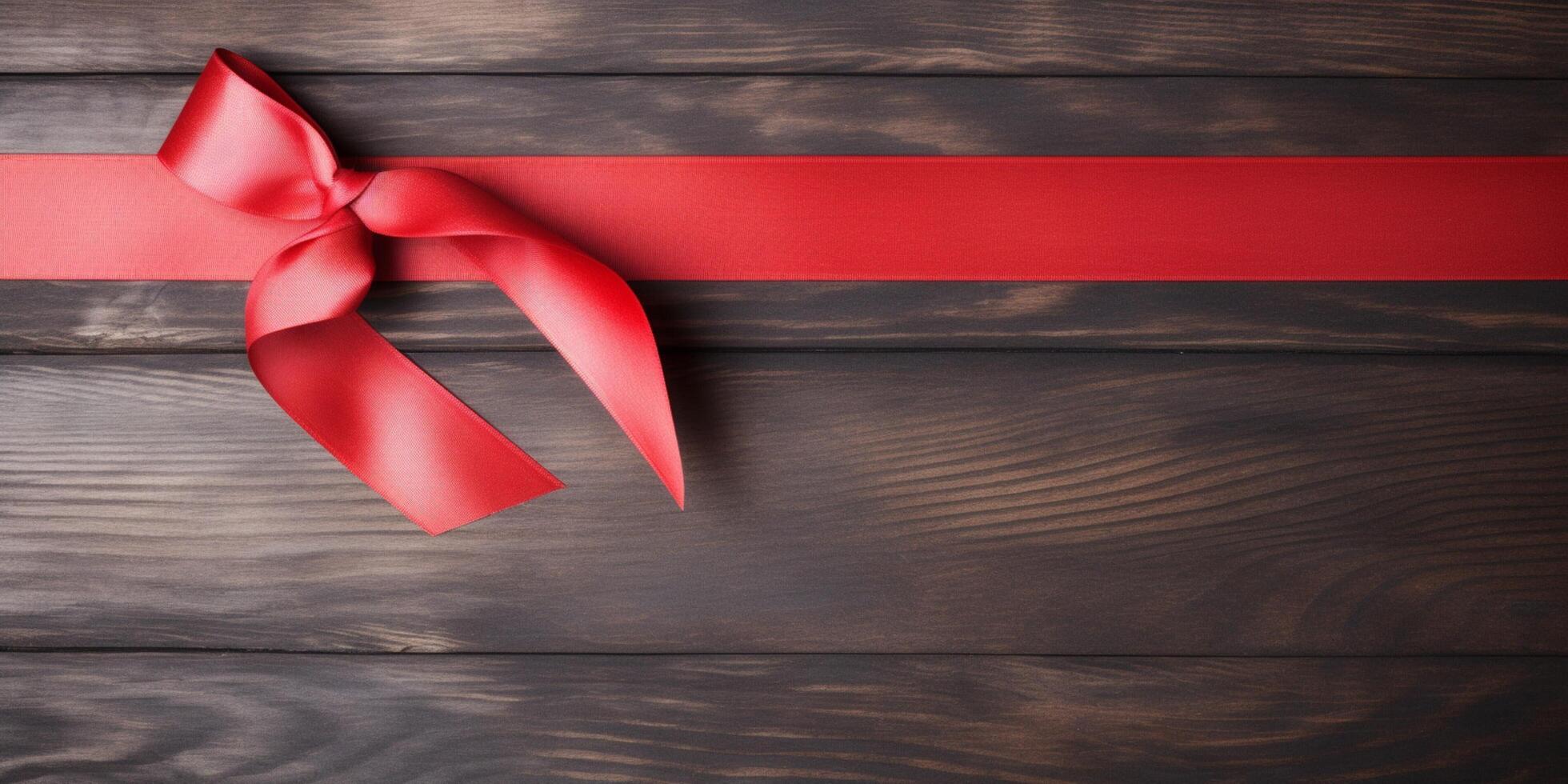 red ribbon on a wooden table photo