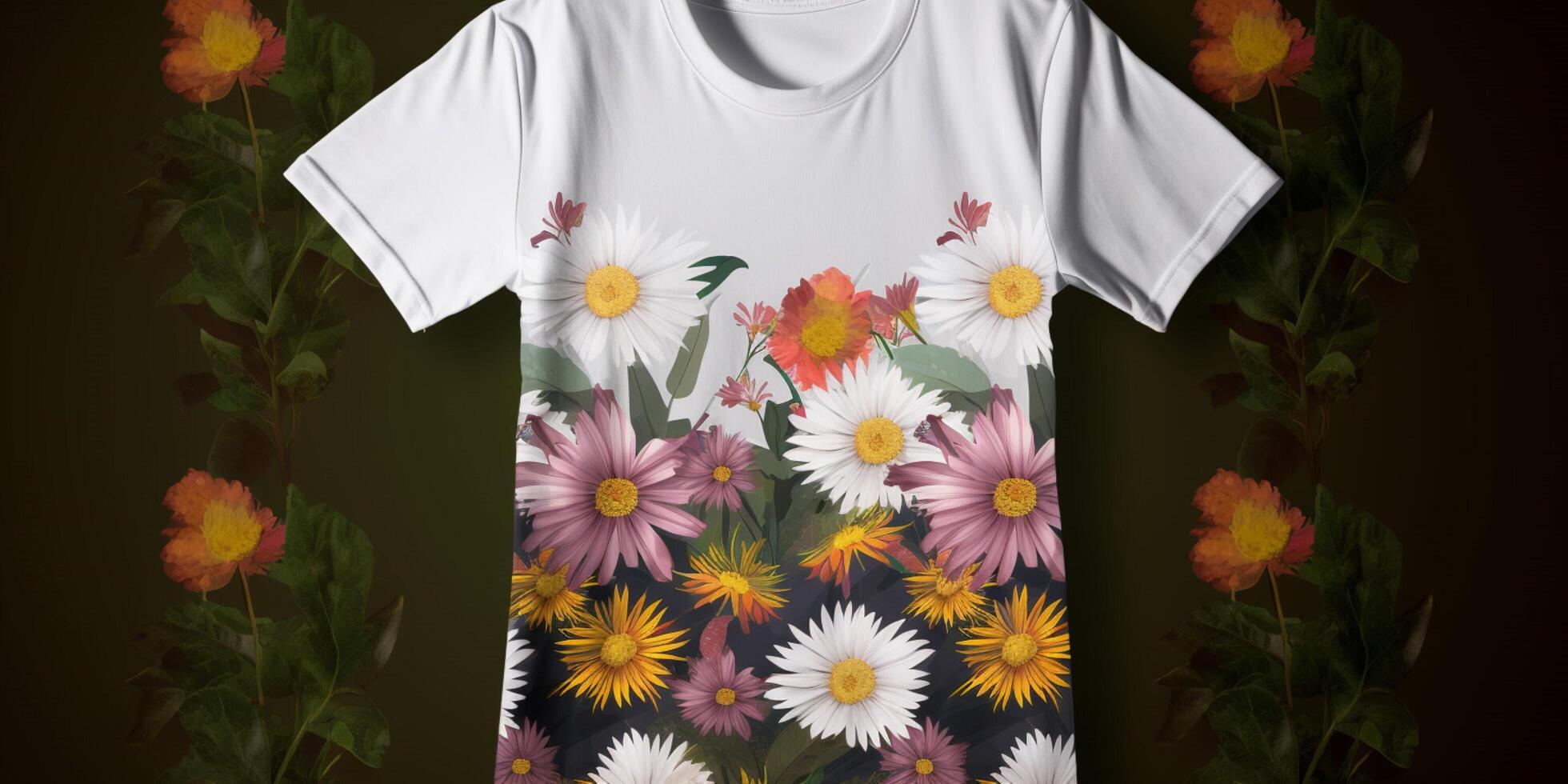 A white women t shirt mockup with spring flowers photo