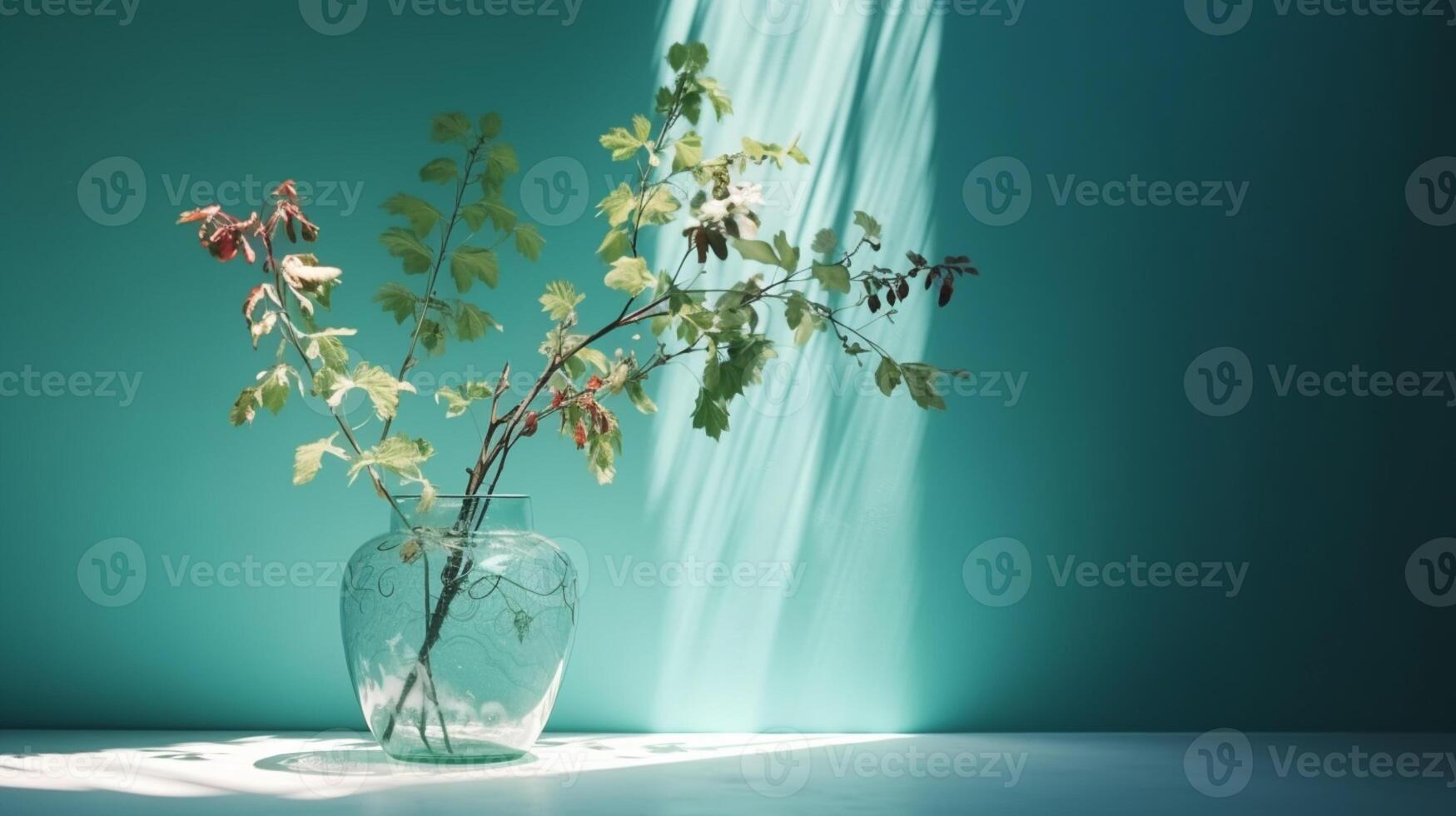 Bouquet of tree branches in round glass vase in sunlight leaving shadows on pastel turquoise wall. photo