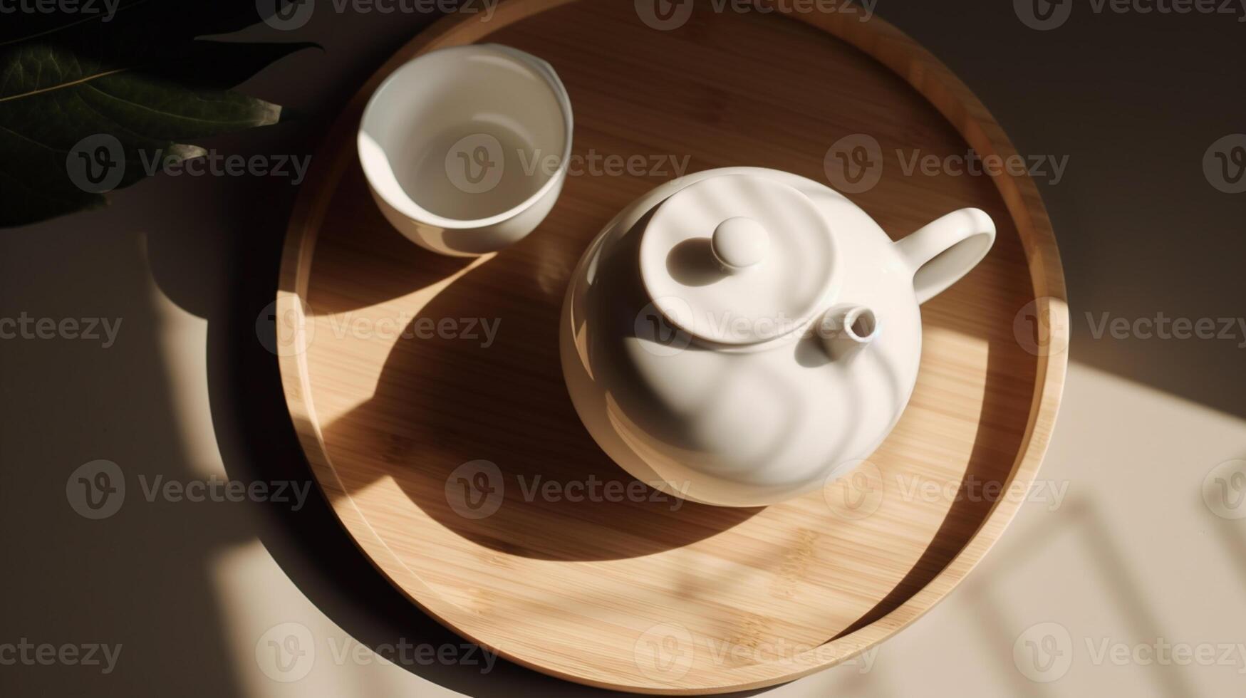 Top view of minimalist white ceramic teapot on wooden table under the sun, negative space. Ai generated photo