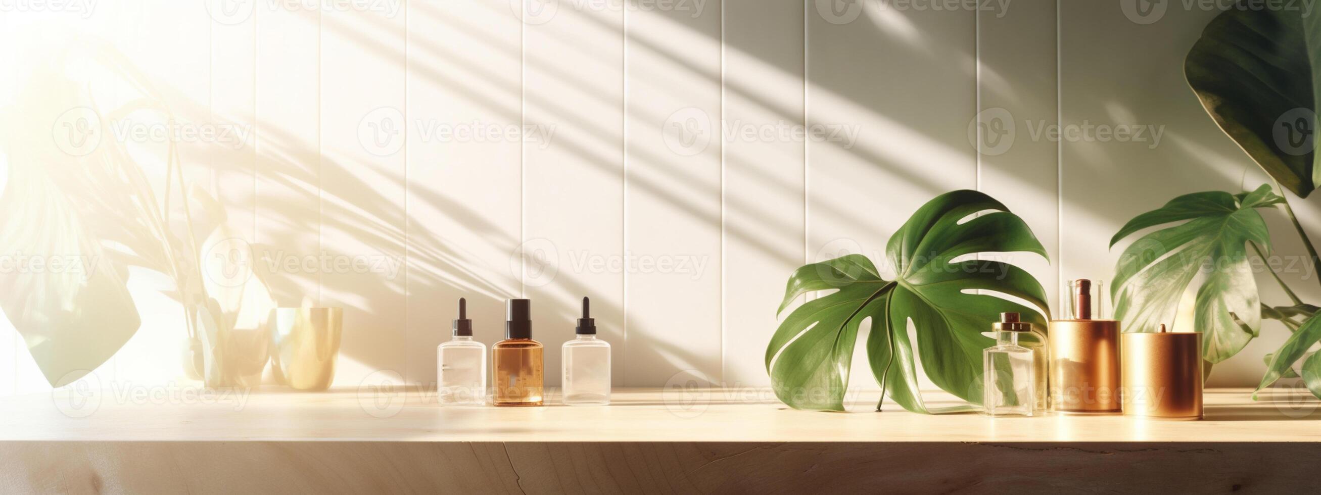 Beauty products on a wooden table with tropical leaves in the sun. Luxury organic cosmetic, skin care, natural product display background. photo