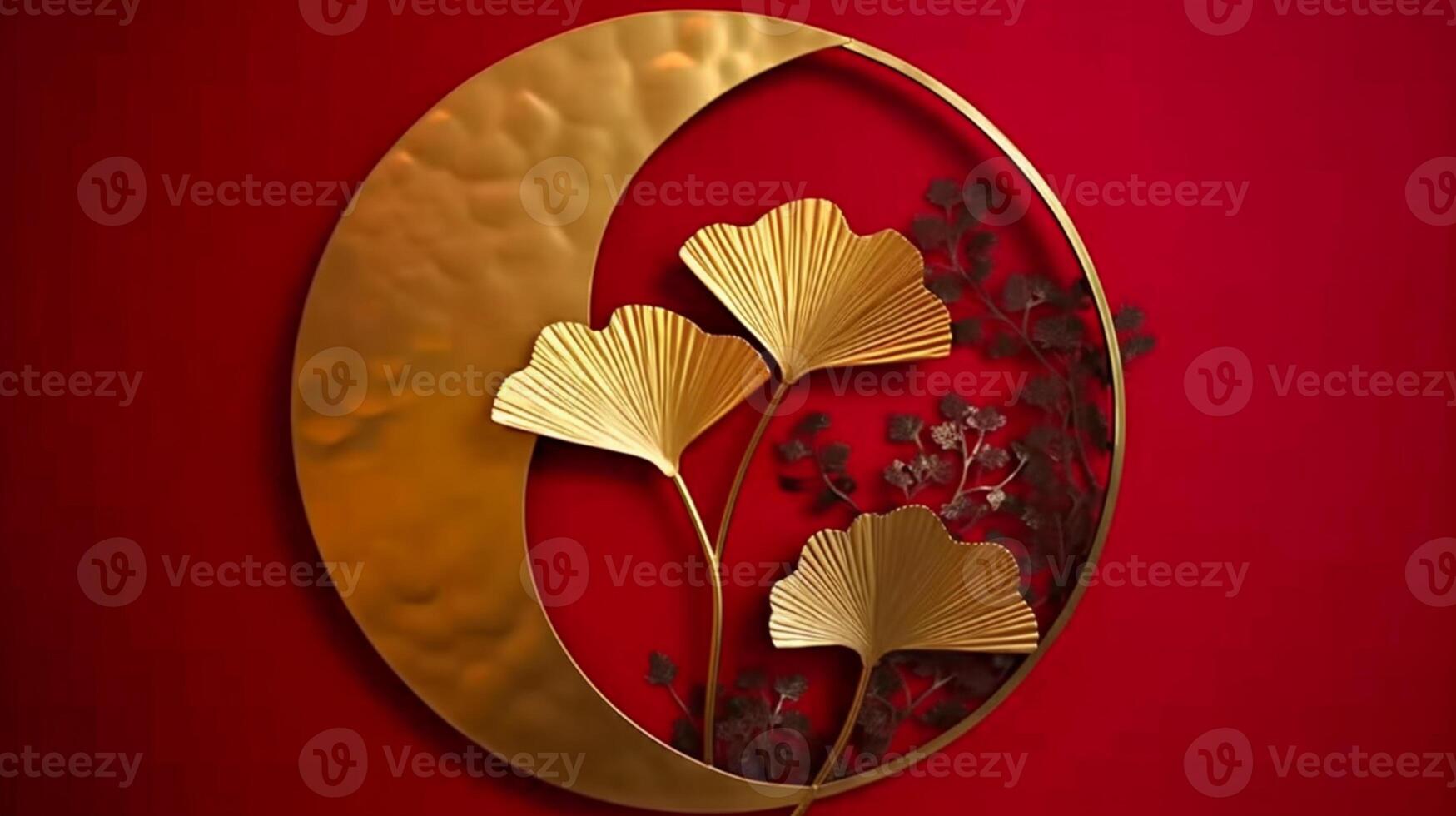 brillante oro latón metal arte, chino estilo gingko hoja en circulo describir, símbolo de amor y paz en brillante rojo antecedentes. ai generado foto