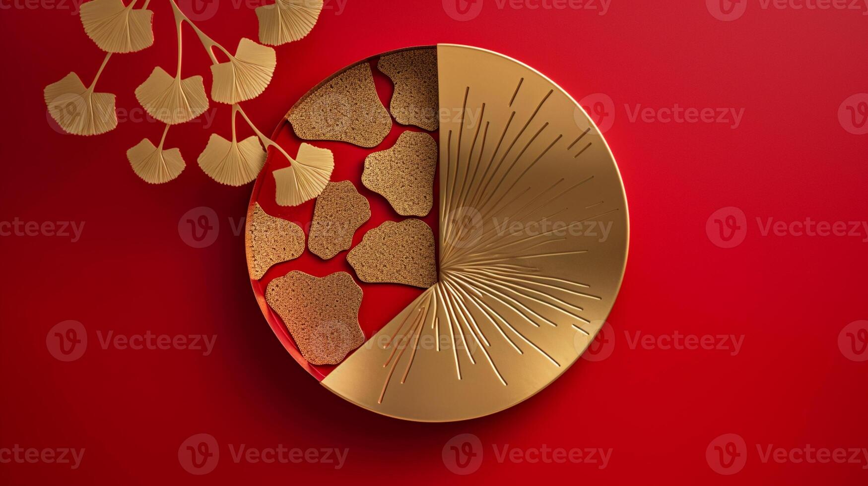 Shiny gold brass metal art, chinese style ginkgo leaf in circle outline, symbol of love and peace on bright red background. photo