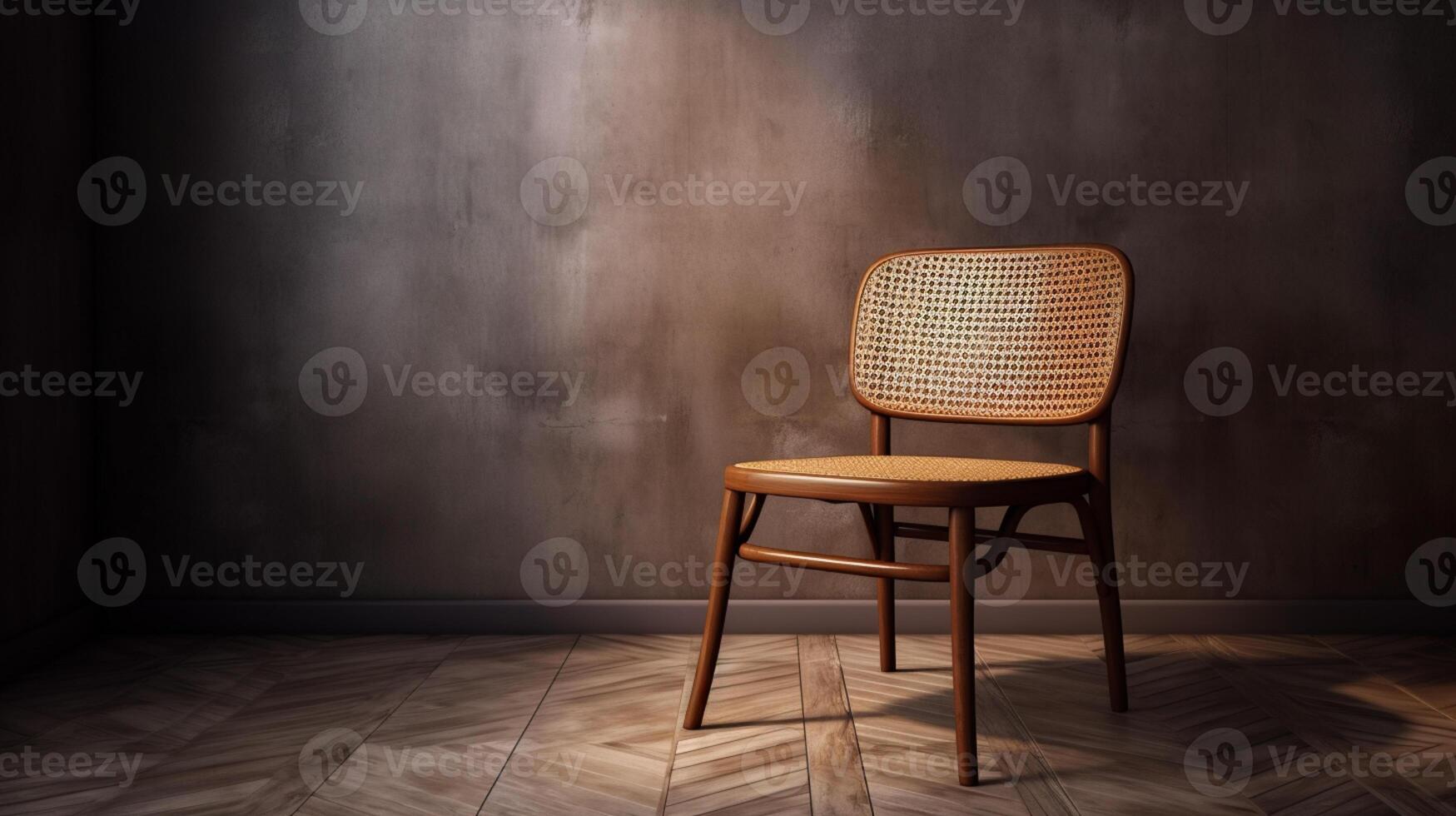 Elegant retro design brown wooden rattan chair with blank polished cement wall, light beam, copy space. photo