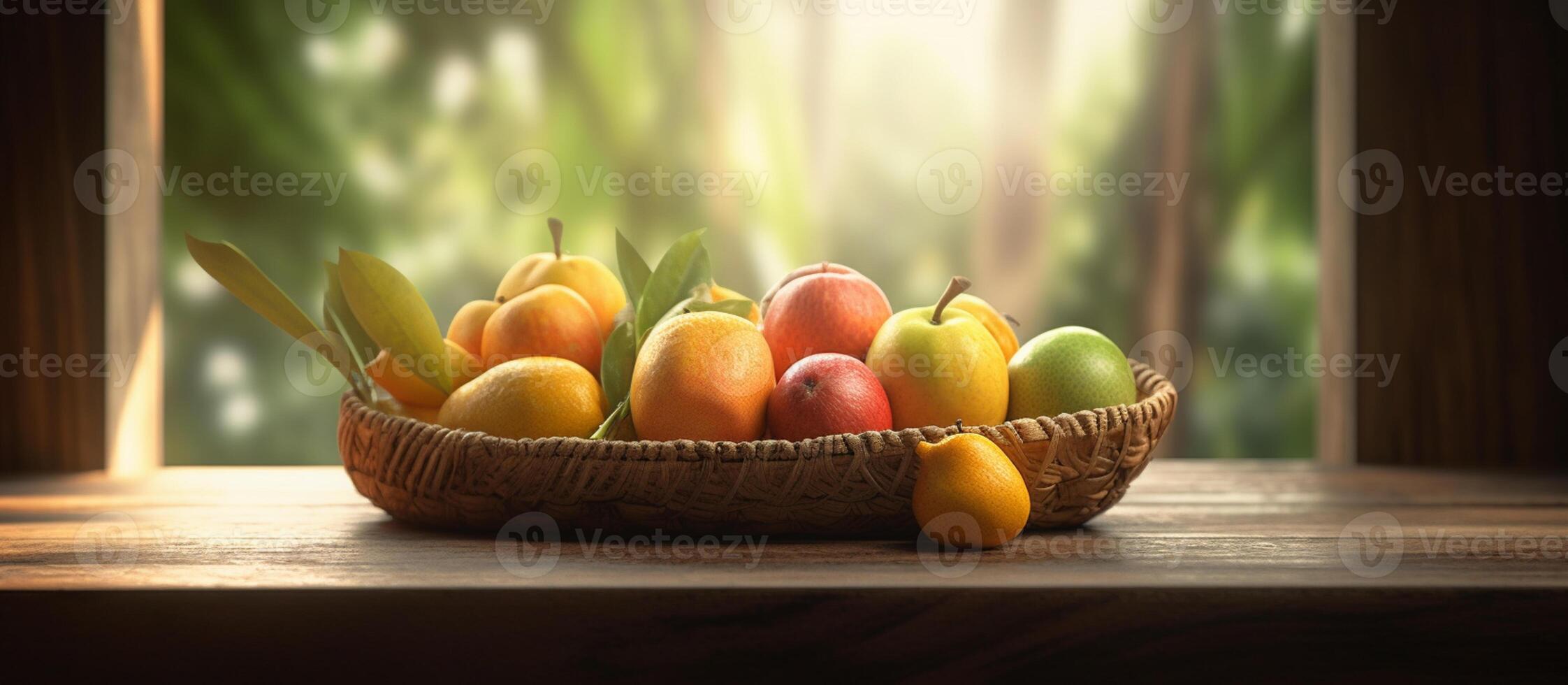 Fresh fruit in a basket on a wooden table in the sun on a blurred plantation background. photo