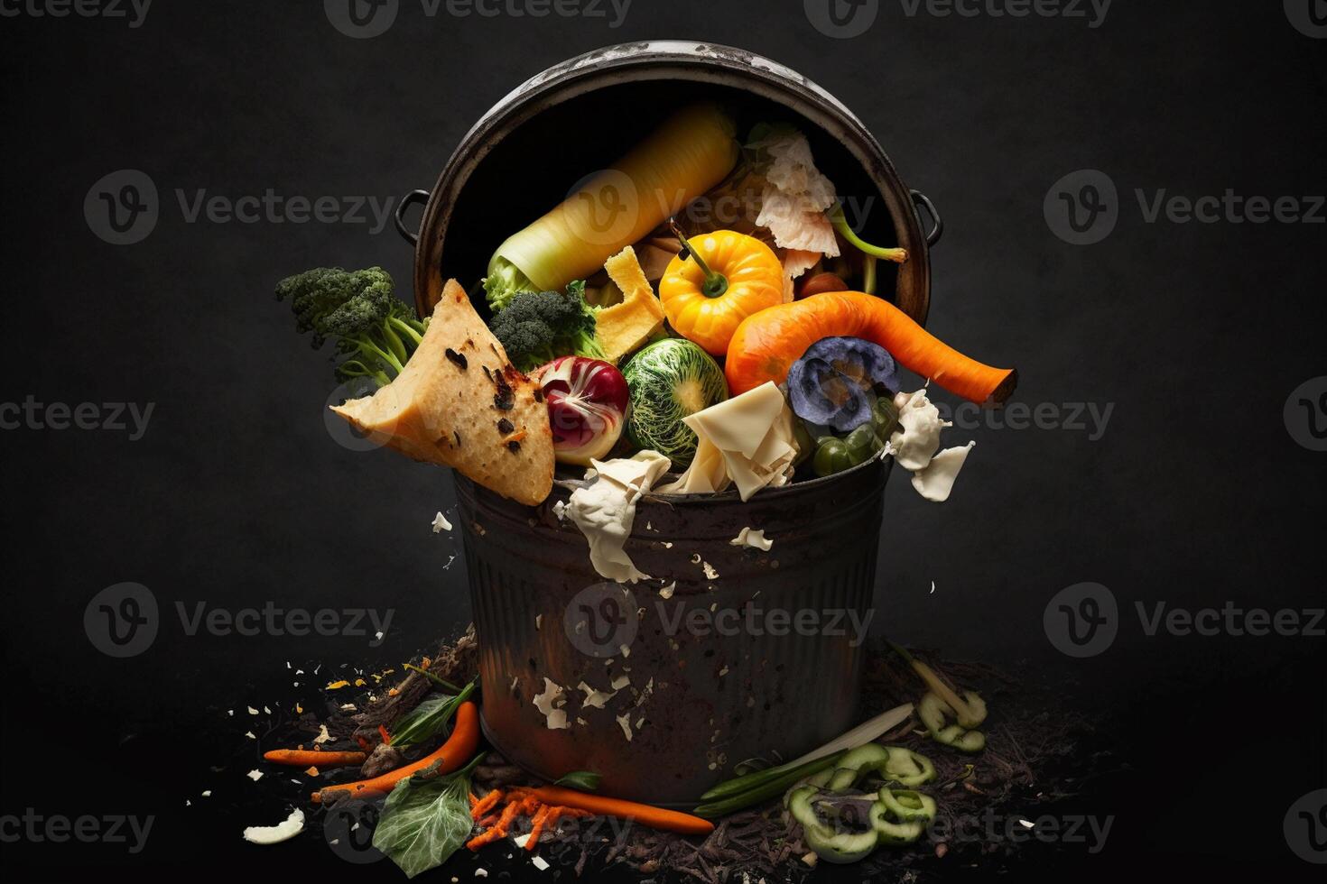 Rotten vegetables are thrown in the trash. Food Waste and Food Loss Getting Rid of Food Waste at Home on a dark background. photo