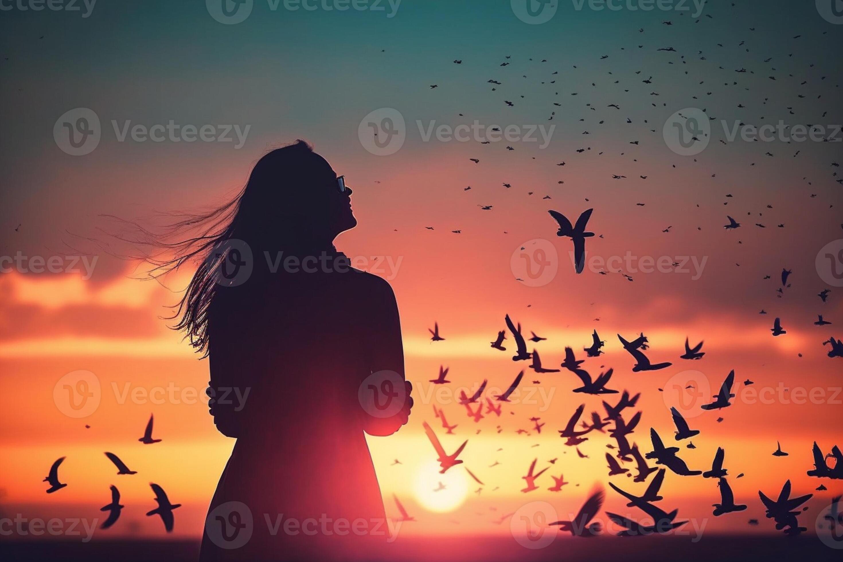 anime girl swinging on a swing with a lot of birds flying around.  generative ai. 28514016 Stock Photo at Vecteezy