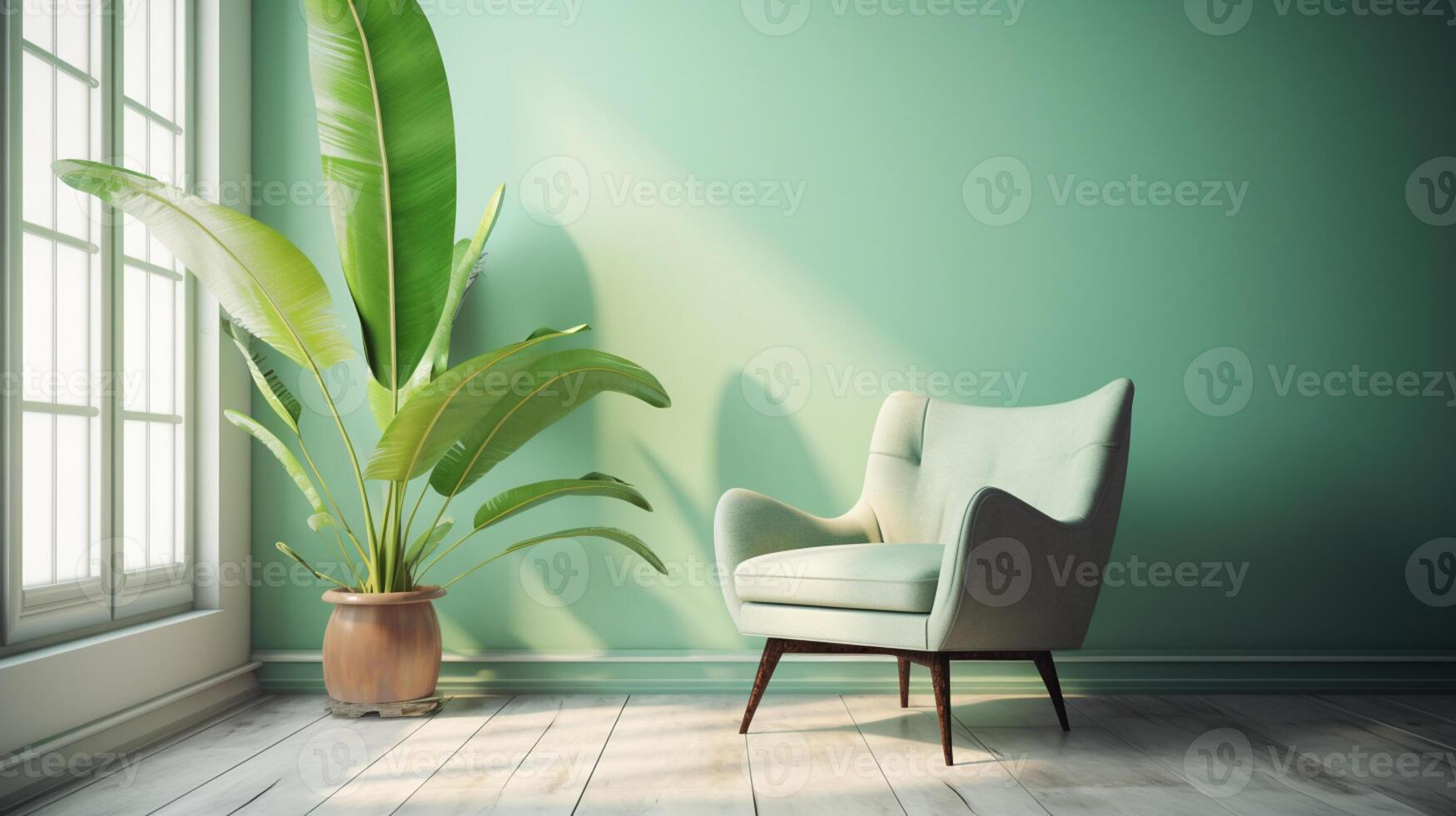 Mid-century retro turquoise armchair with tropical banana tree in concrete pot in sunlight on pastel green background, copy space. photo