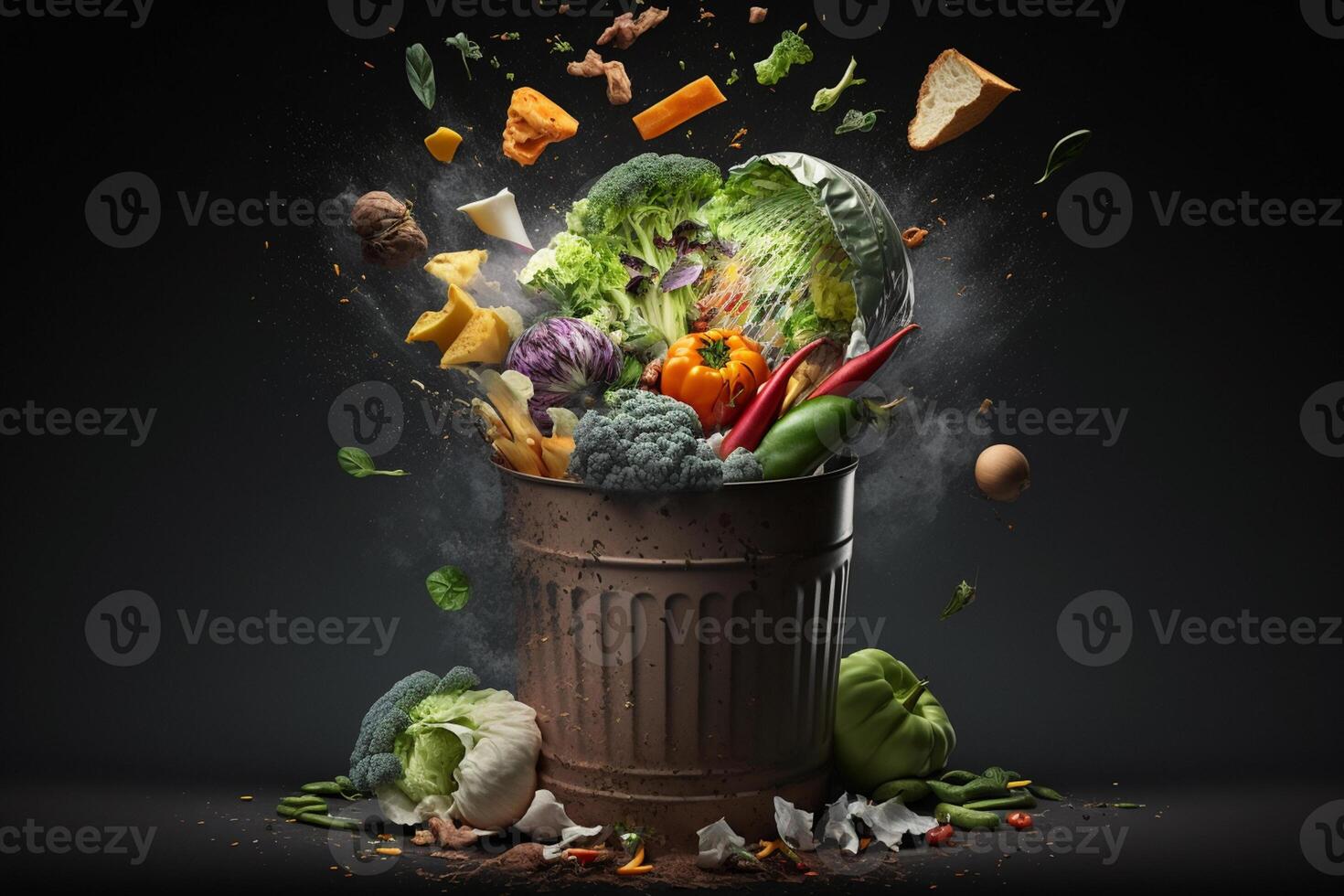 Rotten vegetables are thrown in the trash. Food Waste and Food Loss Getting Rid of Food Waste at Home on a dark background. photo