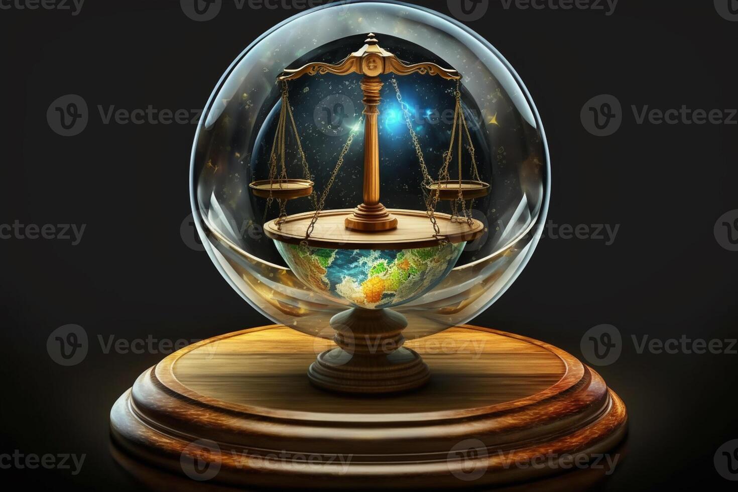 Court scales in a clear glass globe on a wooden stand. Abstract planetarium. photo