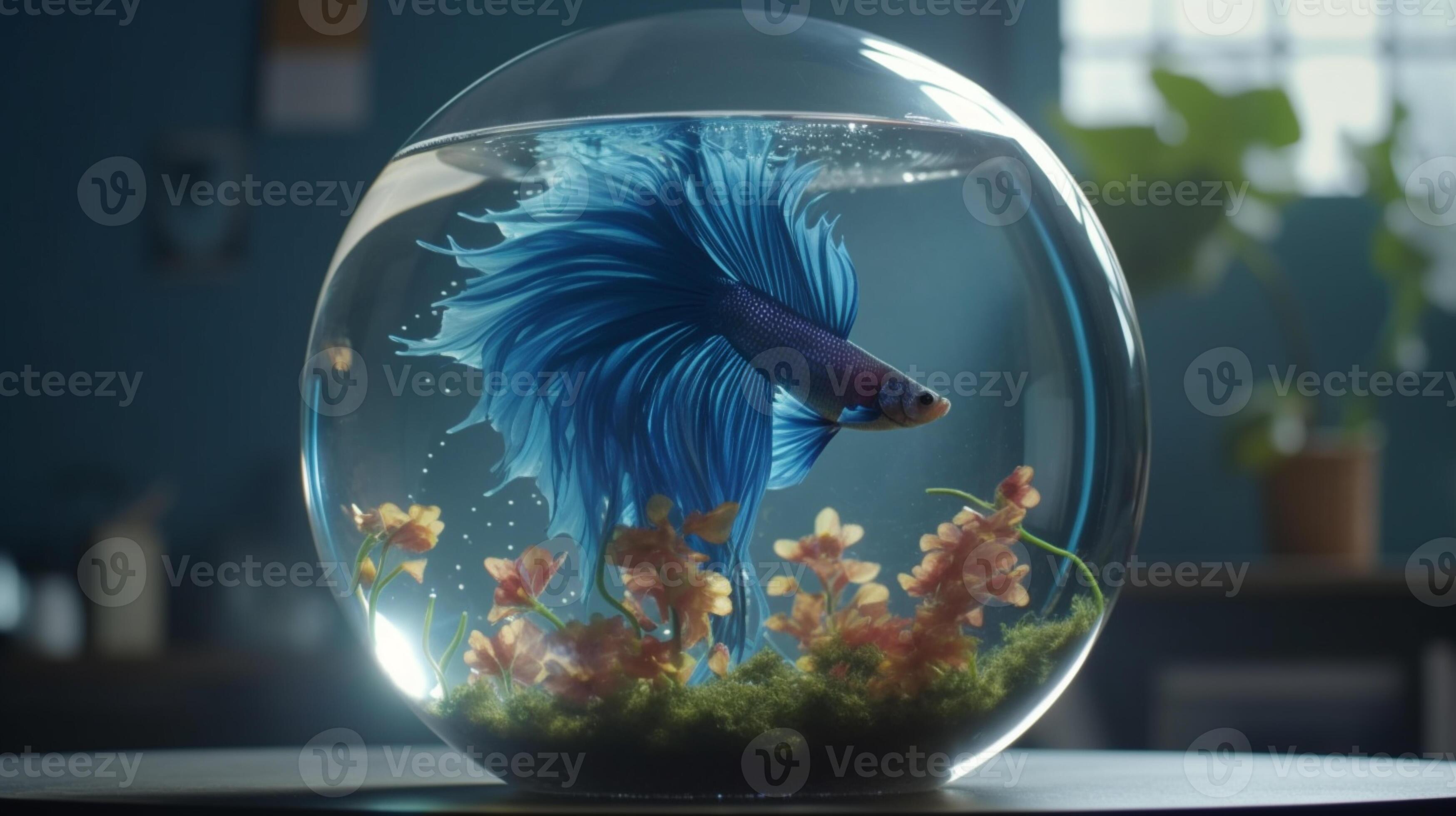 Betta fish in round glass aquarium on table. Ai generative 23463858 Stock  Photo at Vecteezy