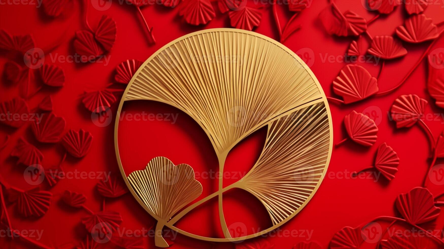 brillante oro latón metal arte, chino estilo gingko hoja en circulo describir, símbolo de amor y paz en brillante rojo antecedentes. ai generado foto
