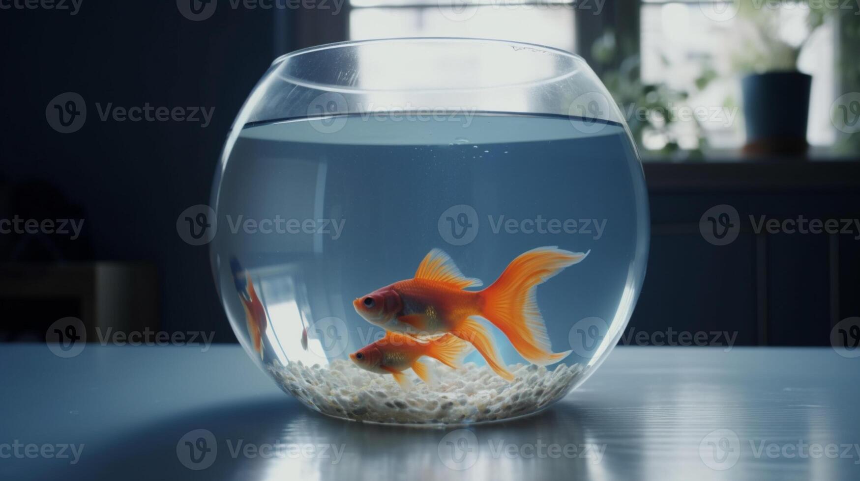 Goldfish in round glass aquarium in sunlight on table. photo