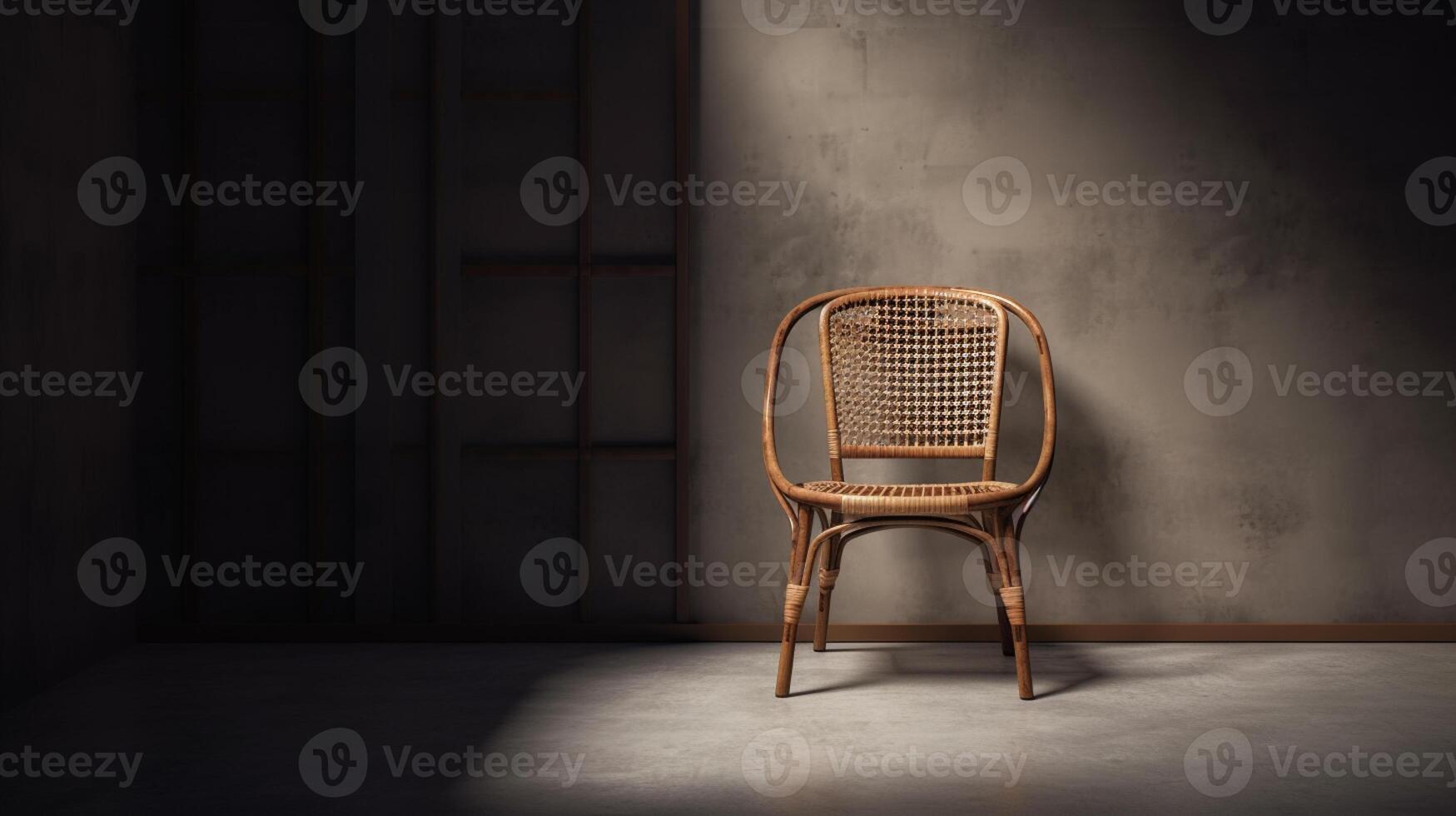 Elegant retro design brown wooden rattan chair with blank polished cement wall, light beam, copy space. Ai generated photo