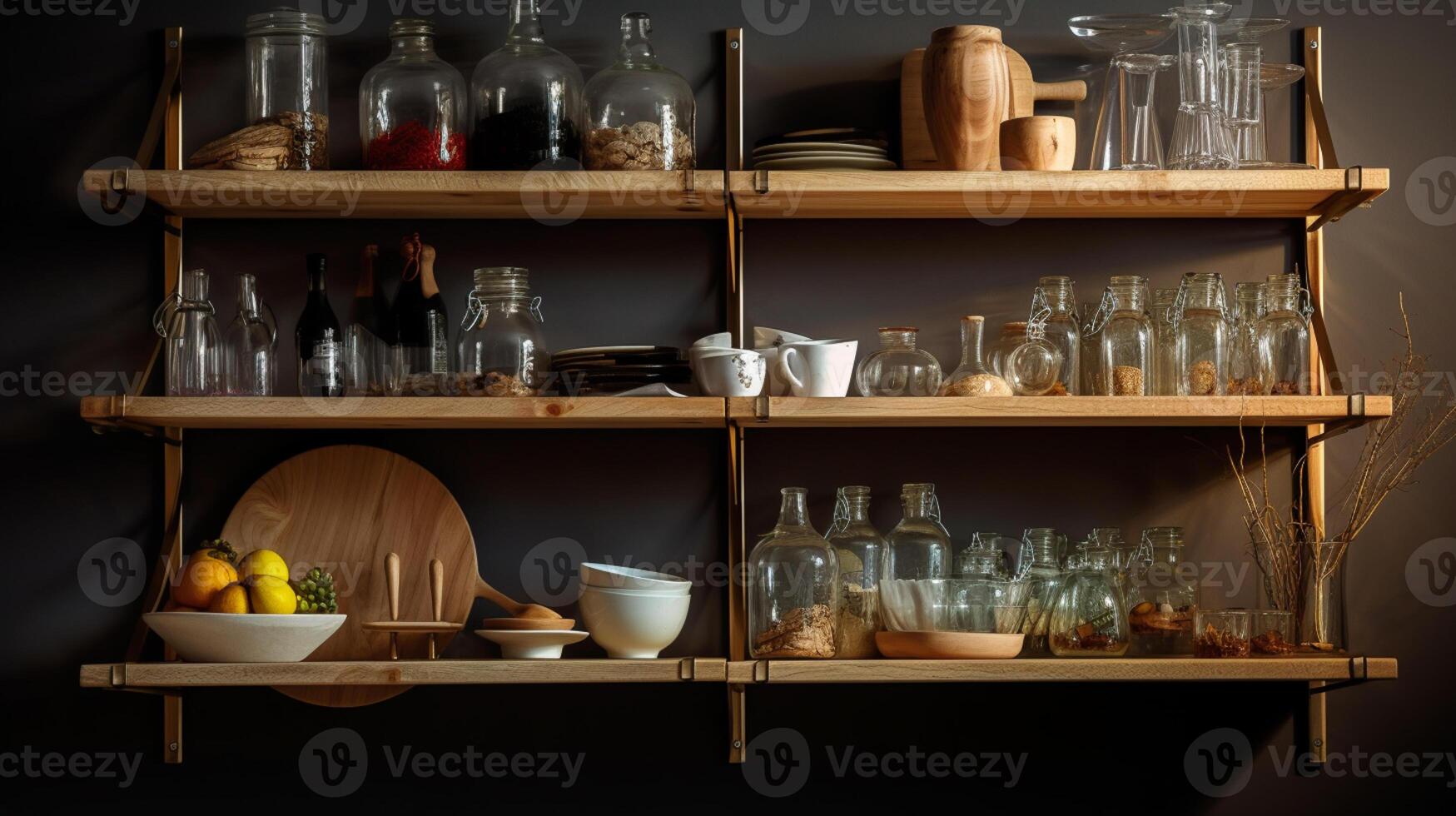 de madera pared estantería con moderno lujo cocina utensilios, y interior decoración antecedentes. ai generado foto