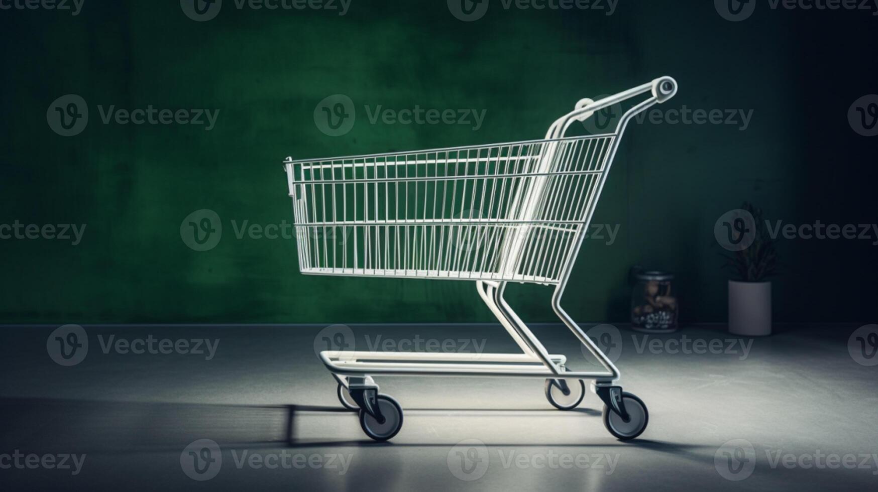 Matte white modern supermarket shopping cart trolley against blank sage green wall background. photo