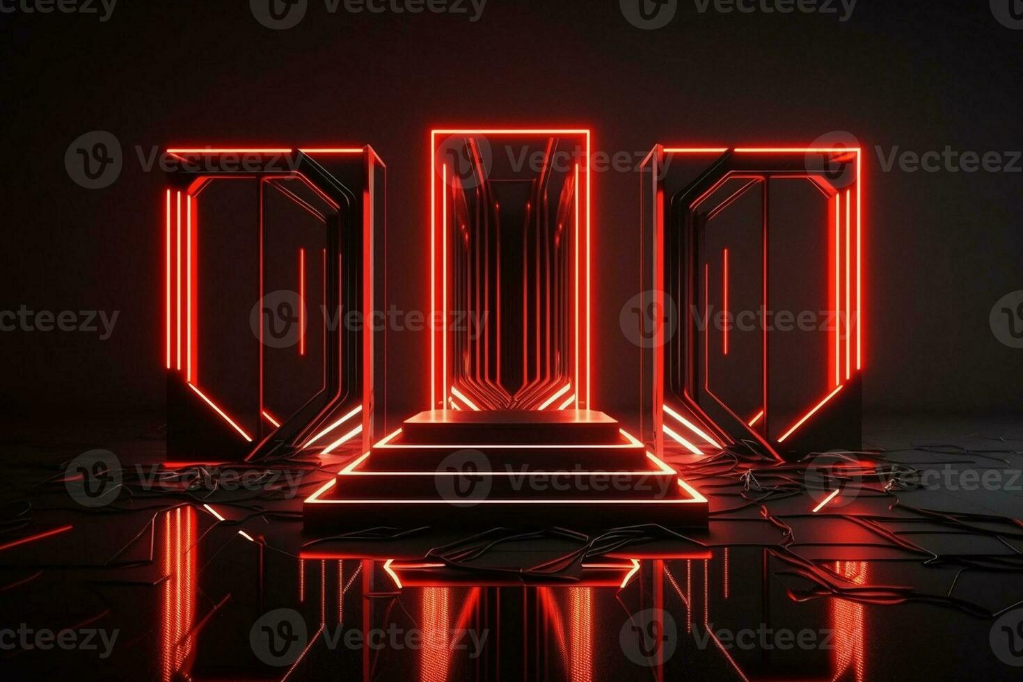 Futuristic sci-fi abstract red neon light shapes on black background and reflective concrete with blank space for 3D text AI Generated photo