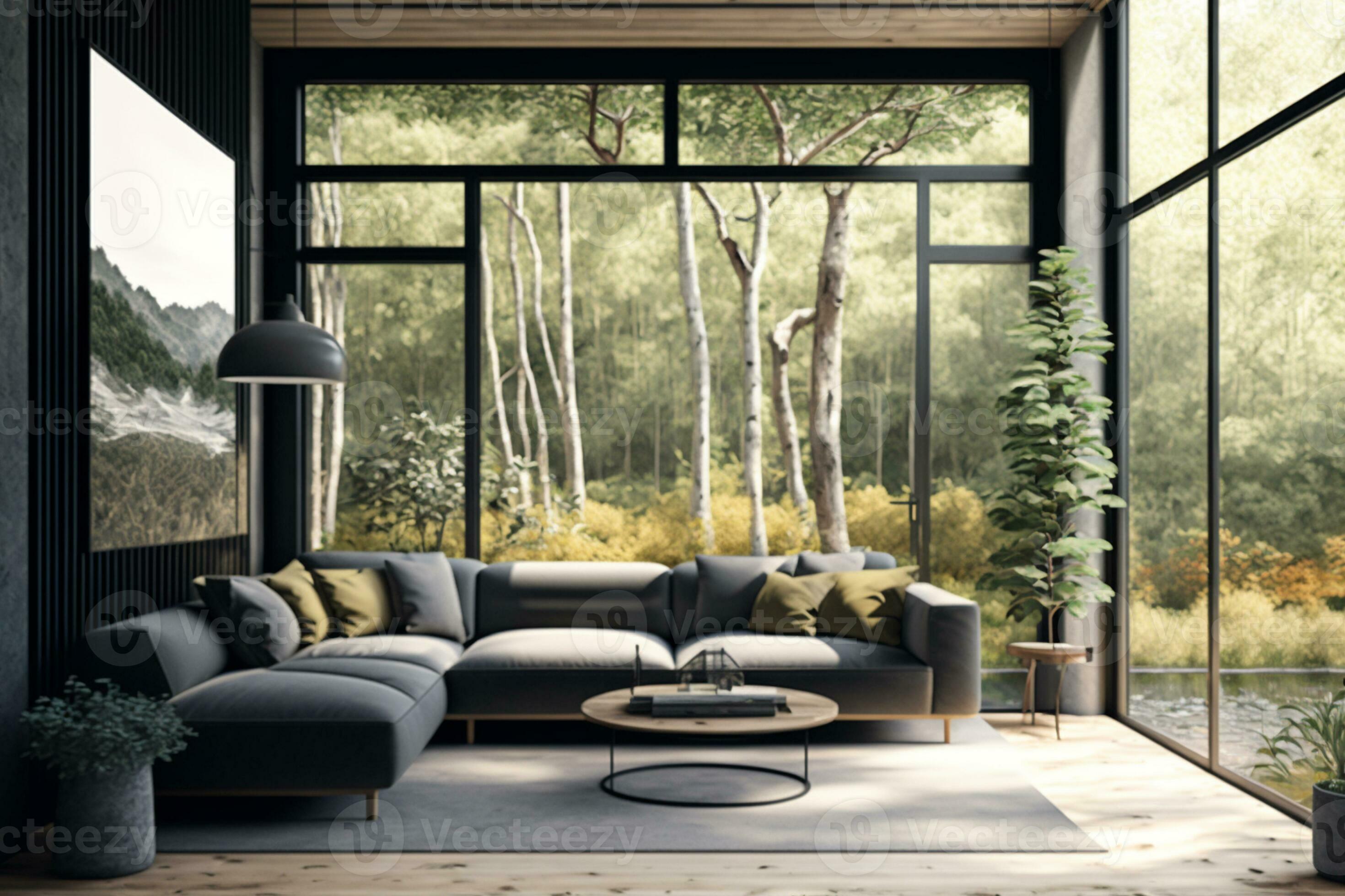 Modern living room with nature view 3d rendering Image. There are large