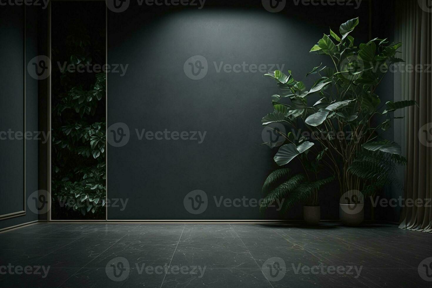 Dark wall empty room with plants on a floor AI Generated photo