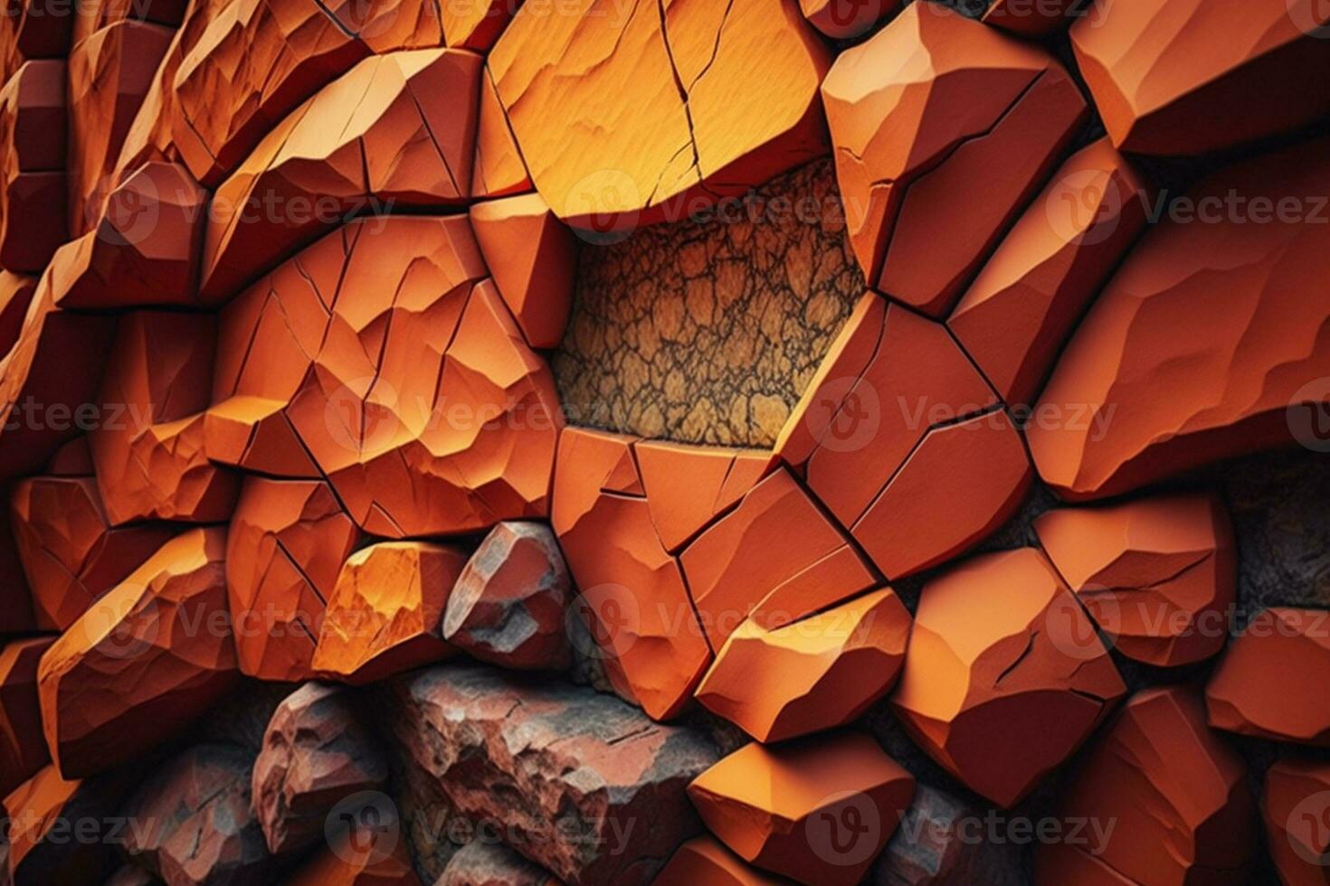 Orange stone wall. Bright brown rock texture. Red faceted stone wall background AI Generated photo