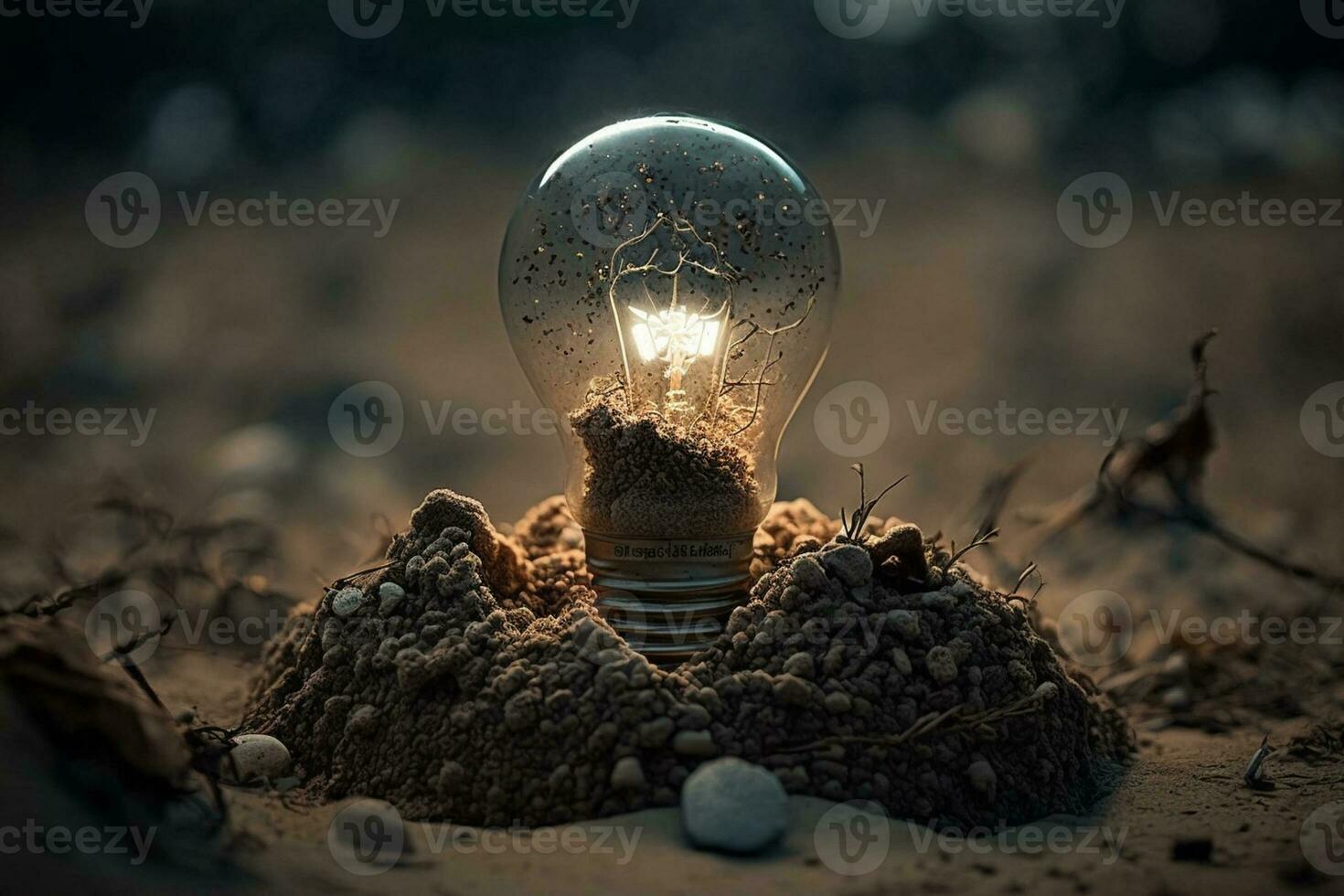 light bulb sitting on top of a pile of dirt AI Generated photo