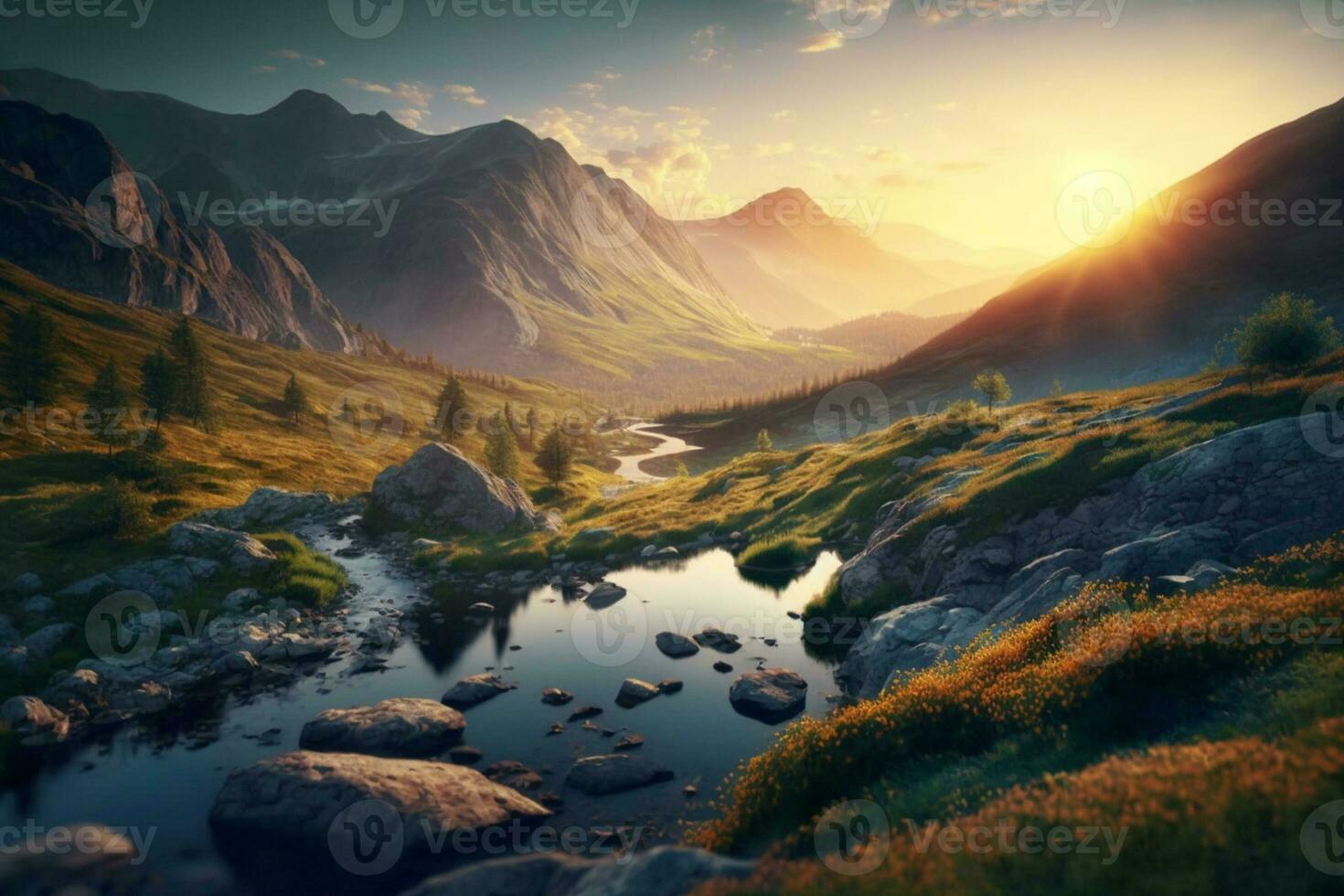Mountain valley during sunrise. Natural summer landscape AI Generated photo