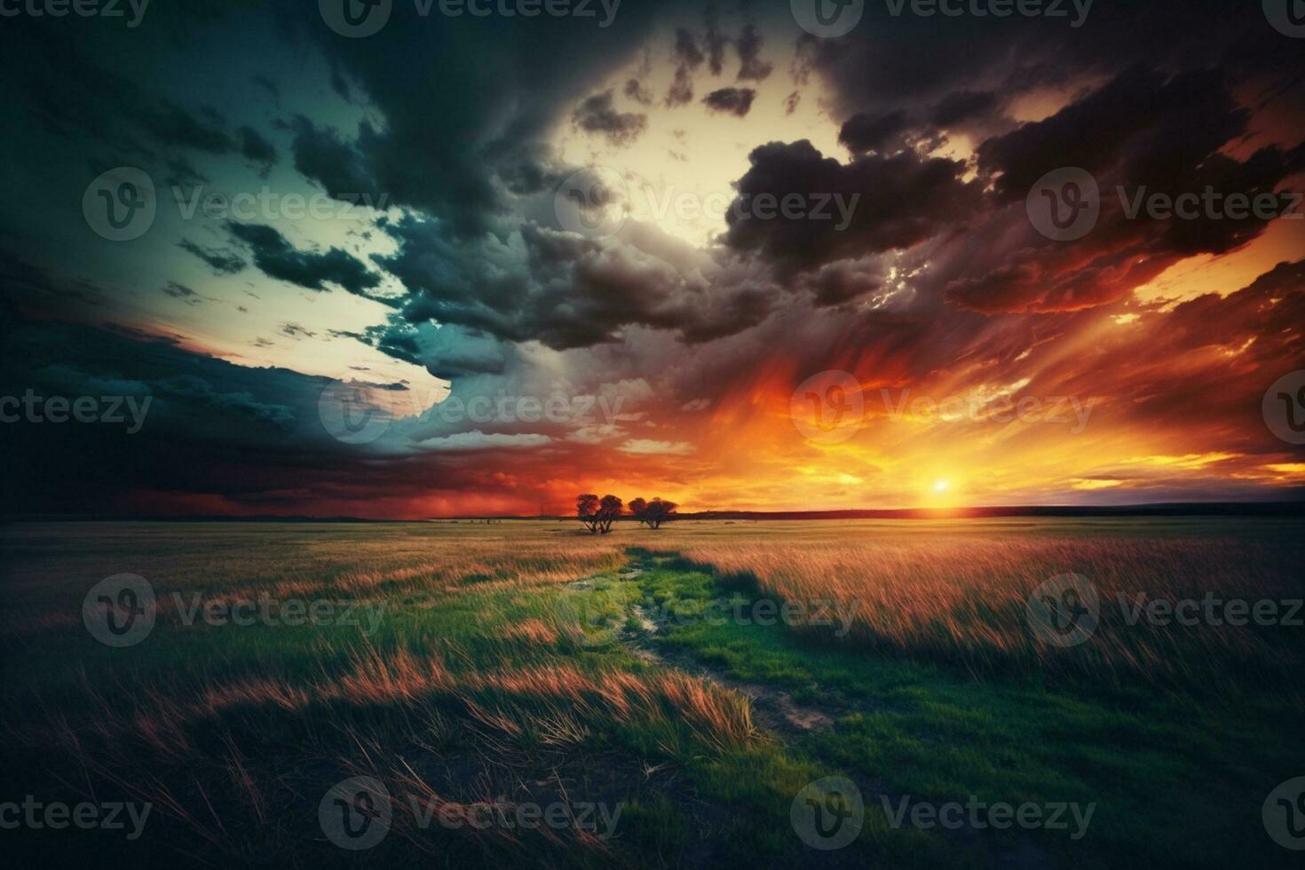 Beautiful sunset with dramatic clouds over grassy field AI Generated photo