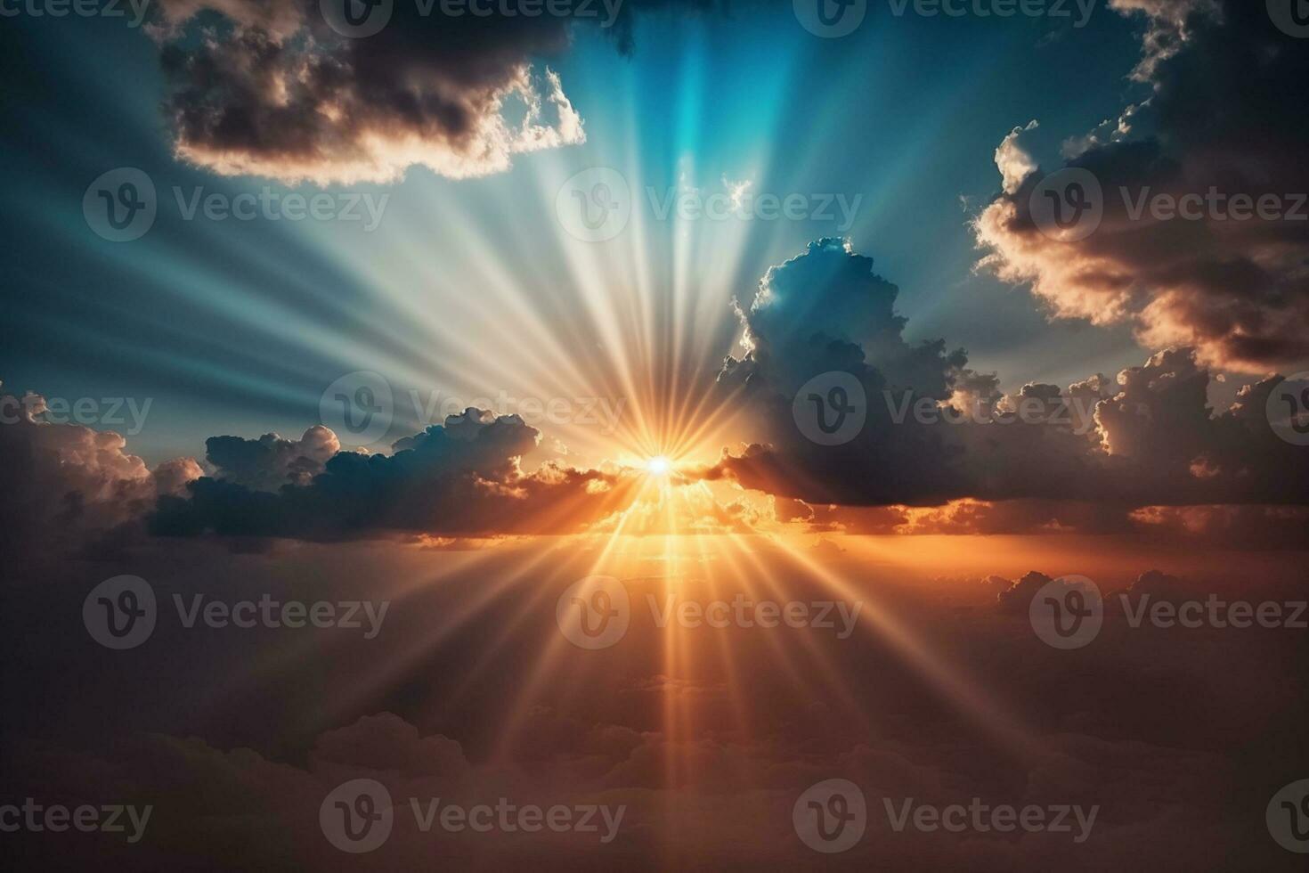 Sunrise dramatic blue sky with orange sun rays breaking through the clouds. Nature background AI Generated photo