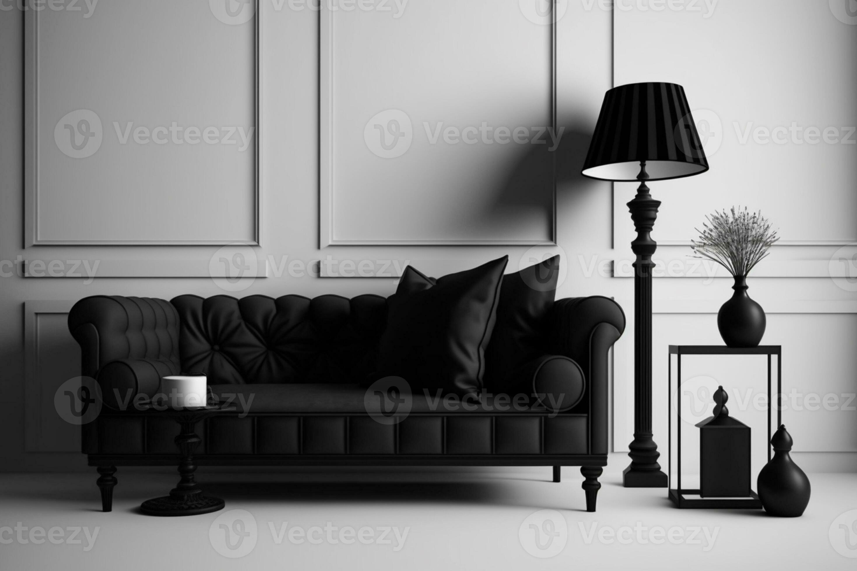 Interior design black living room furniture and lamp on white wall with
