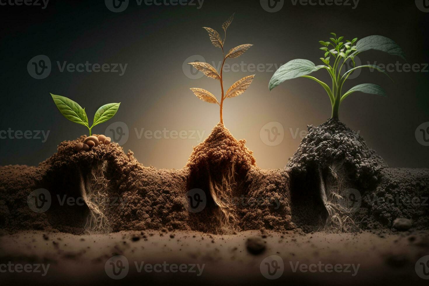 Seedling are growing from the rich soil. Concept of business growth, profit, development and success AI Generated photo