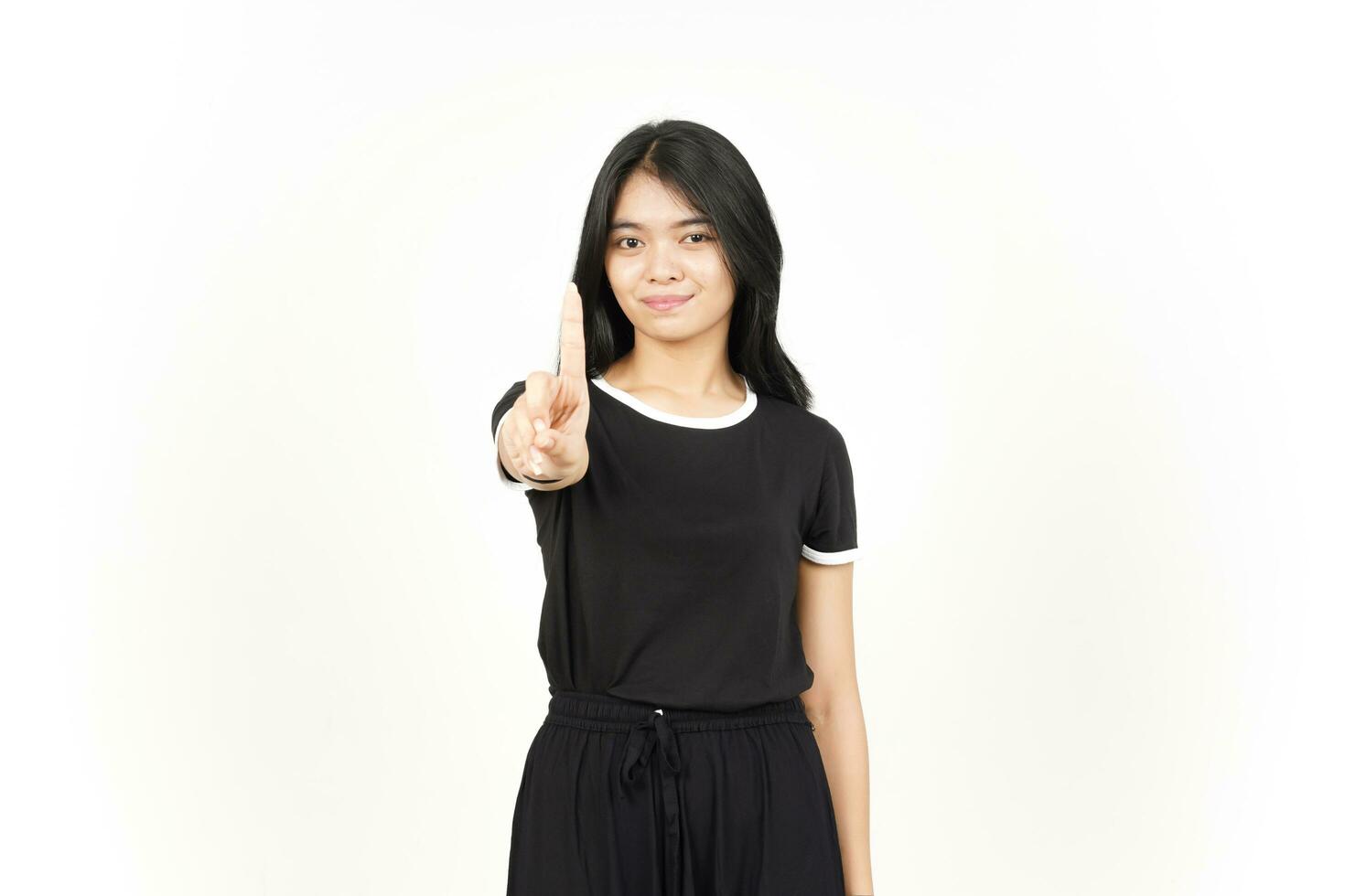 Showing count One finger Of Beautiful Asian Woman Isolated On White Background photo