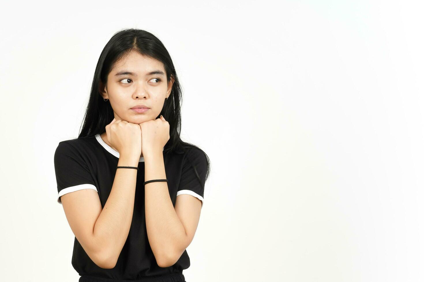 Serious Face and Angry hand on chin of Beautiful Asian Woman Isolated On White Background photo