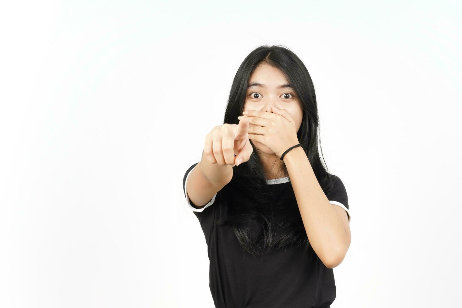 Shocked covering mouth and pointing at you Of Beautiful Asian Woman Isolated On White Background photo