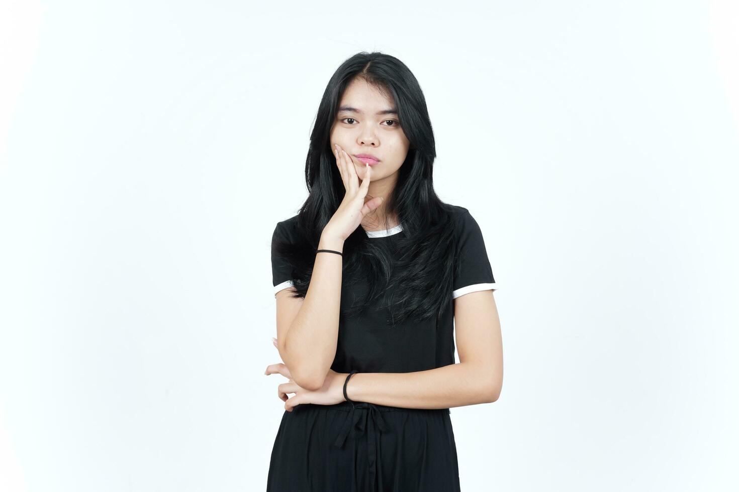 Serious Face hand on cheek and looking at camera Of Beautiful Asian Woman Isolated On White photo