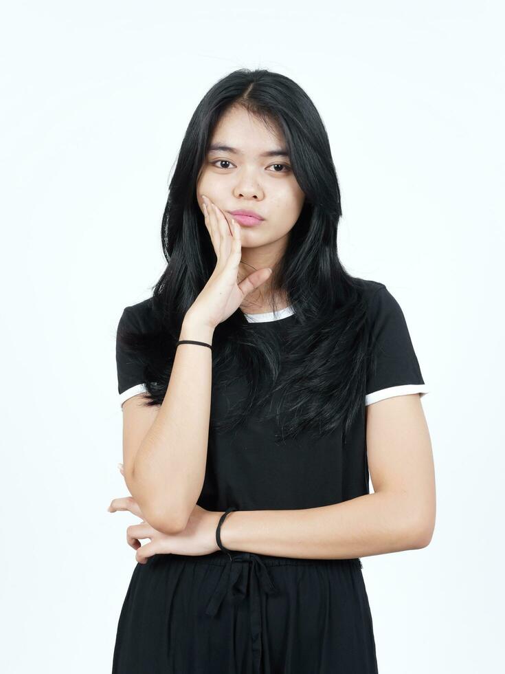 Serious Face hand on cheek and looking at camera Of Beautiful Asian Woman Isolated On White photo