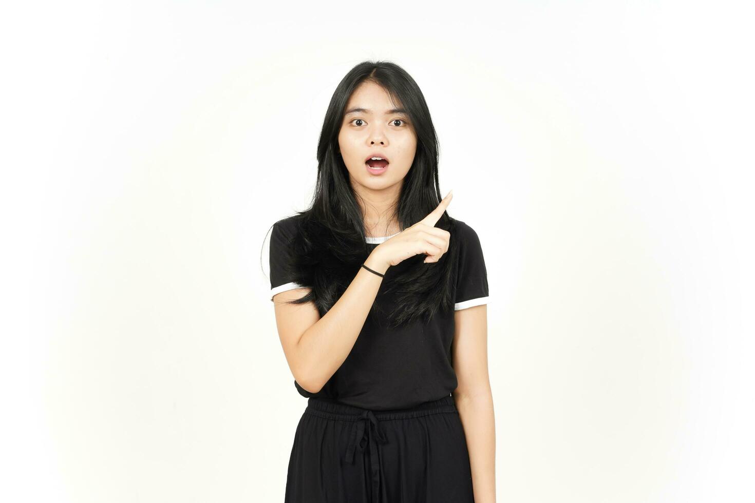 Shocked face Showing Product and Pointing Side using forefinger Of Beautiful Asian Woman photo