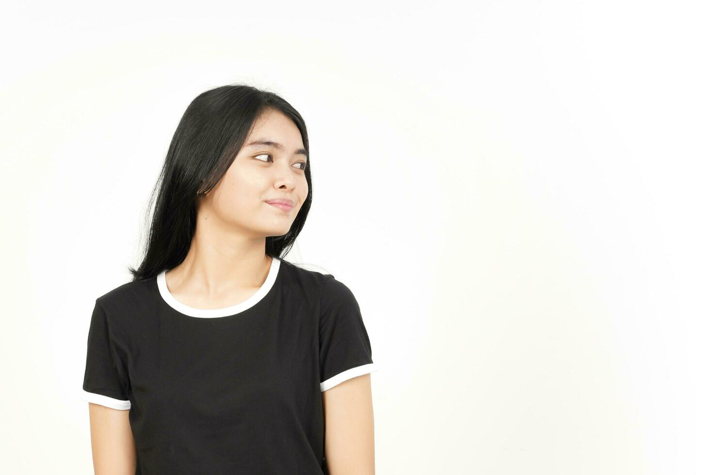Smiling and Looking aside Of Beautiful Asian Woman Isolated On White Background photo