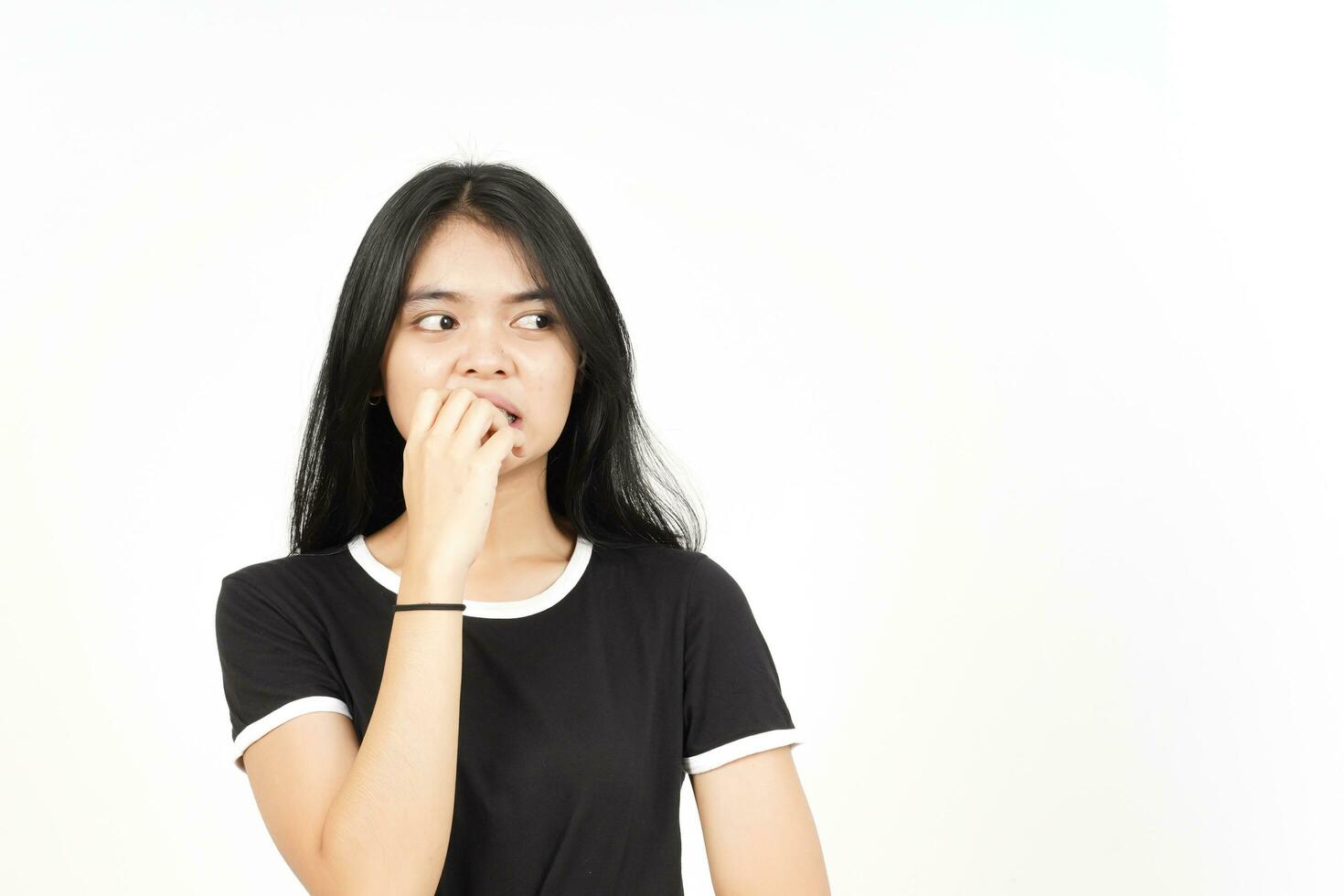 Afraid, nervous and bite nails Of Beautiful Asian Woman Isolated On White Background photo