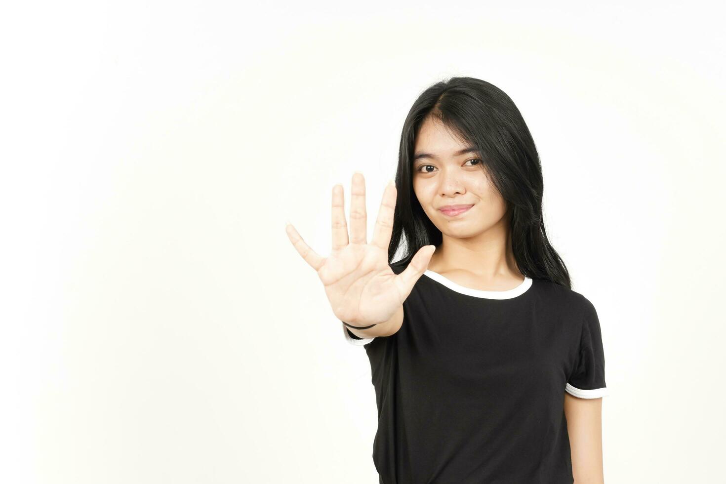 Showing count Five finger Of Beautiful Asian Woman Isolated On White Background photo